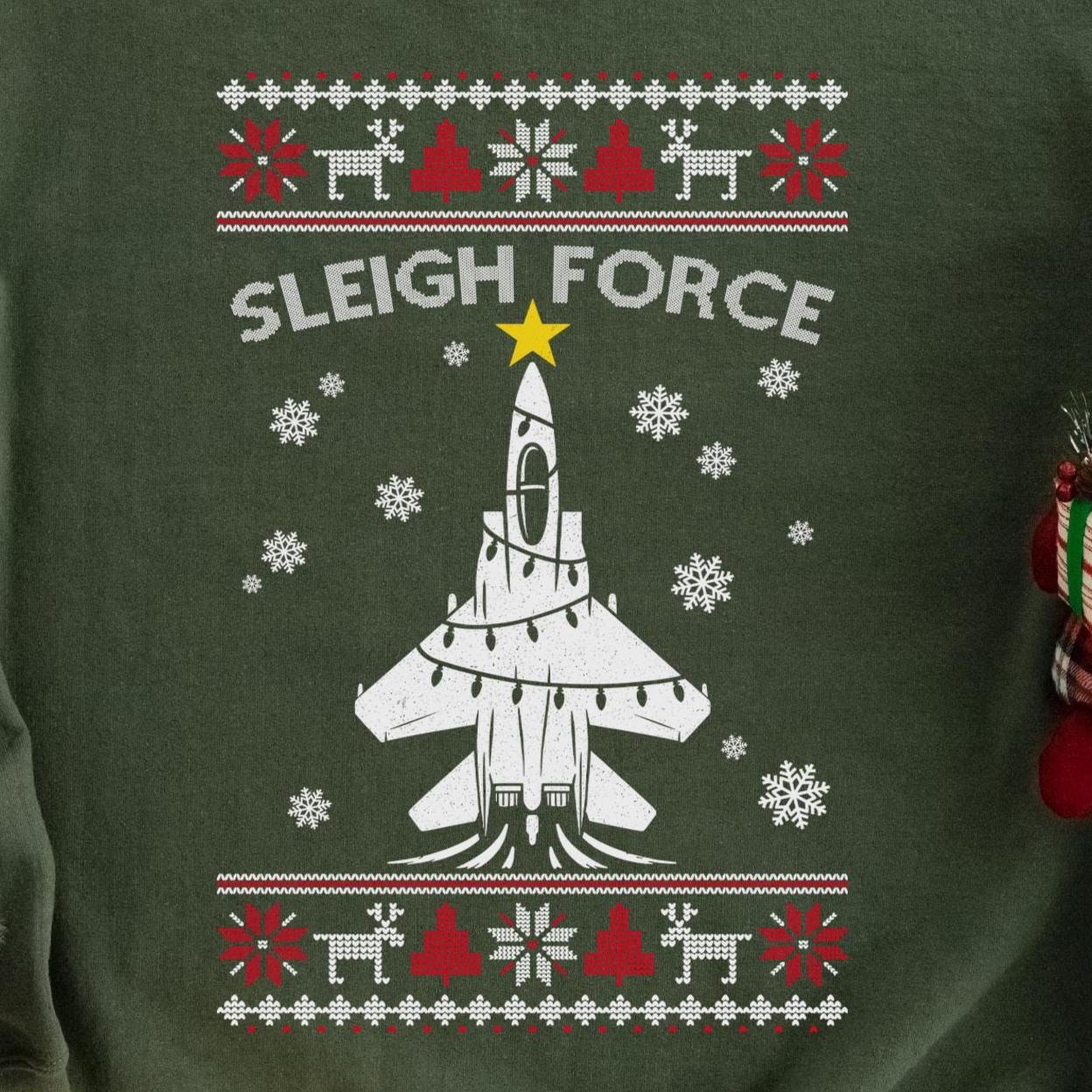Sleigh Force Fighter Jet Christmas Sweatshirt design close-up