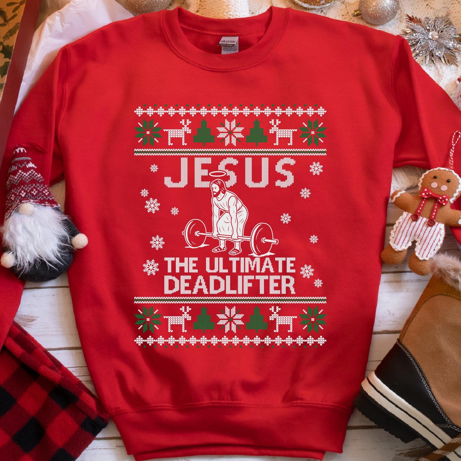 Jesus The Ultimate Deadlifter Christmas Sweatshirt - Red