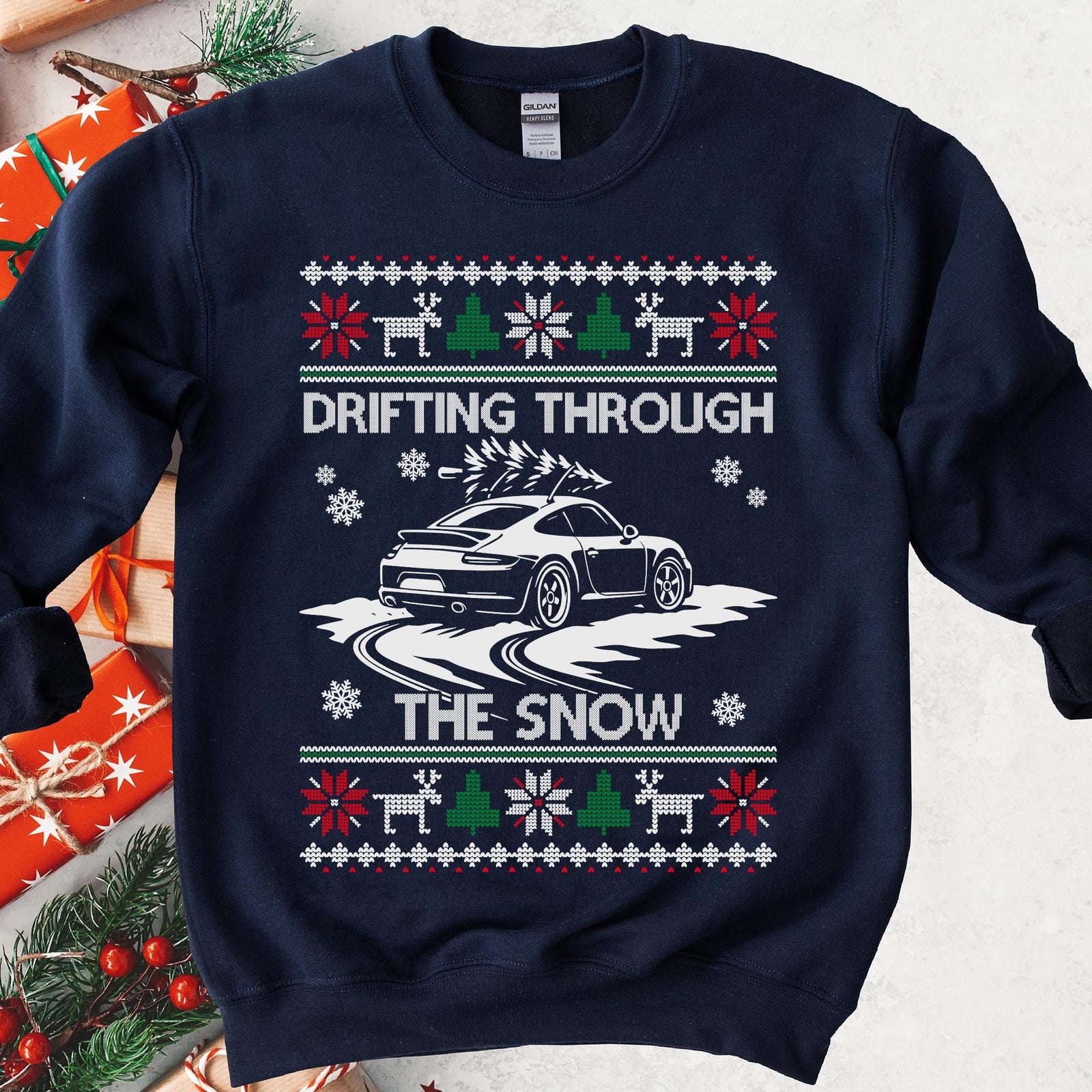 Drift Car Ugly Christmas Sweatshirt | Drifting Through the Snow Car Enthusiast Gift