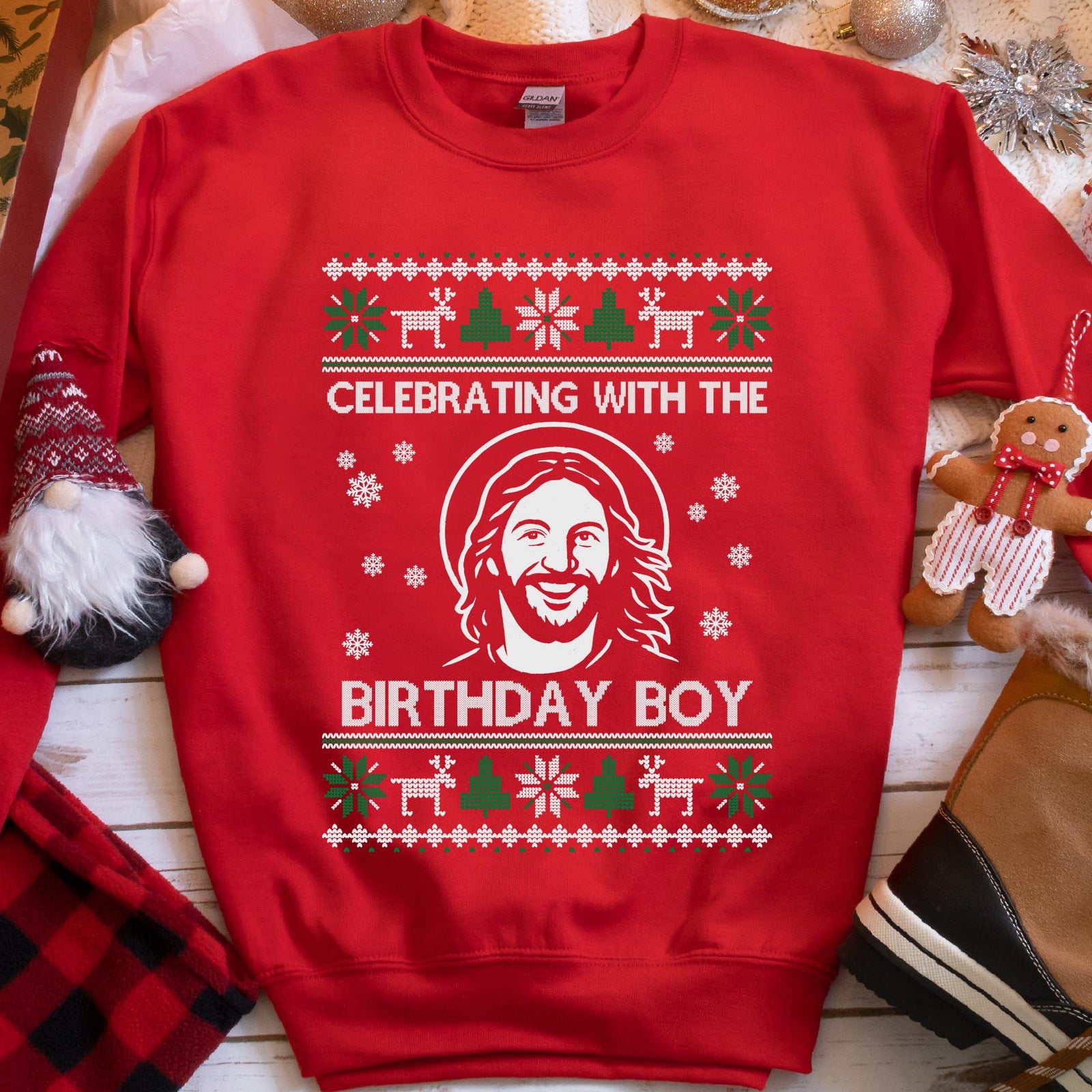 Celebrating With The Birthday Boy Christmas Sweatshirt - Red