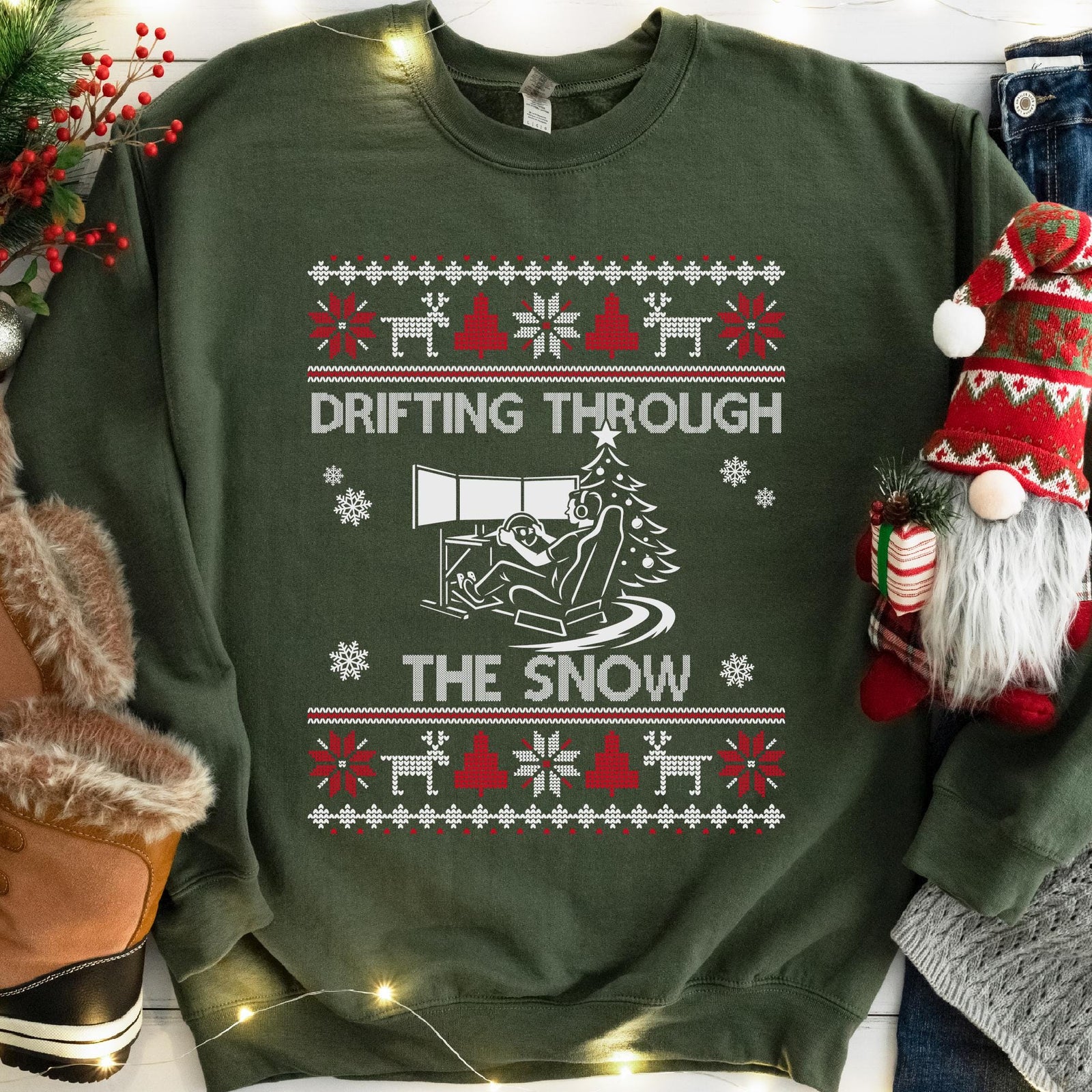 Drifting Through the Snow Sim Racing Christmas Sweatshirt - Military Green