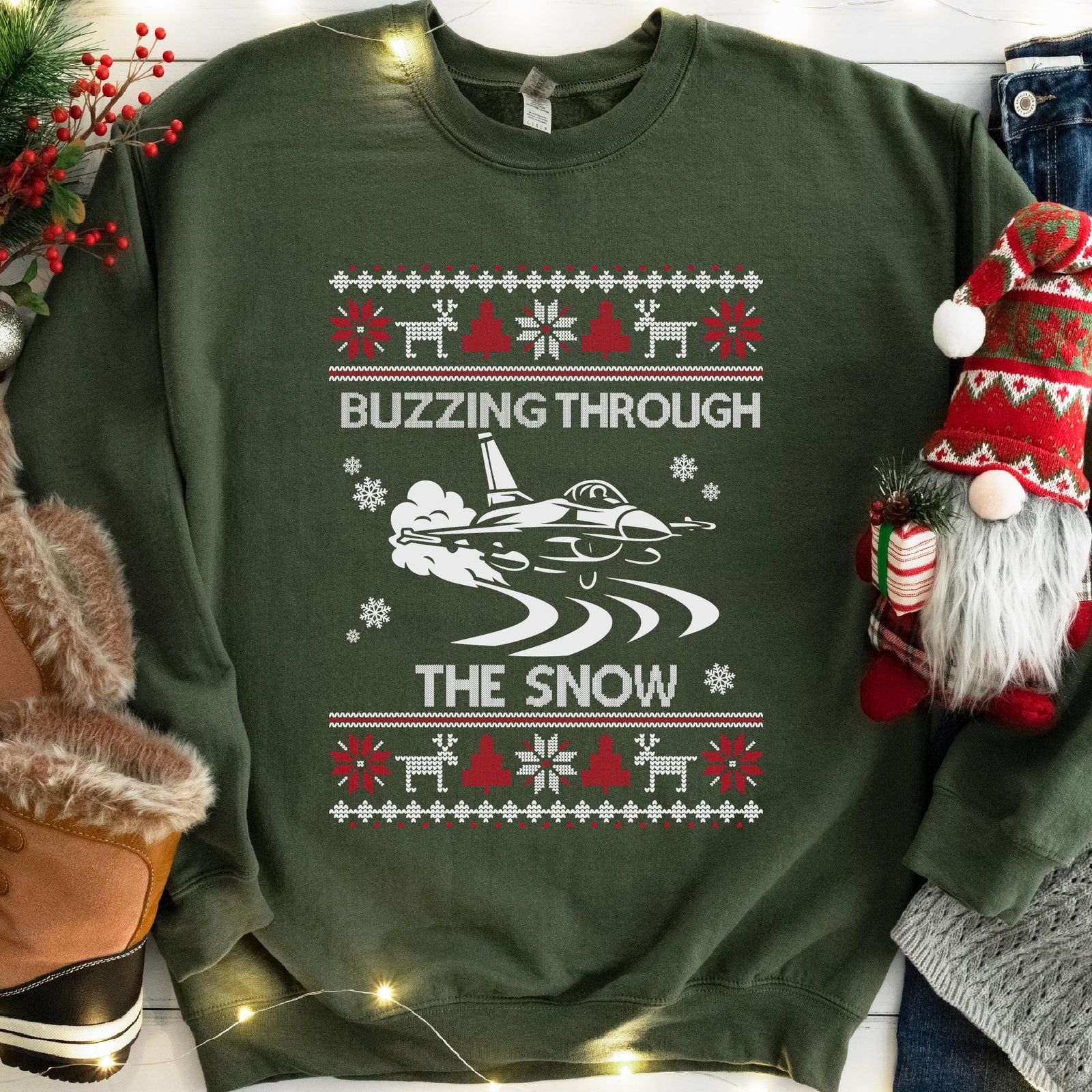 Buzzing Through the Snow Fighter Jet Christmas Sweatshirt - Military Green