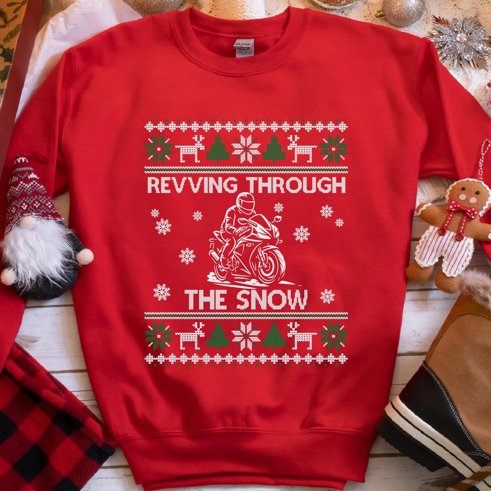 Revving Through the Snow Sportbike Christmas Sweatshirt - Red