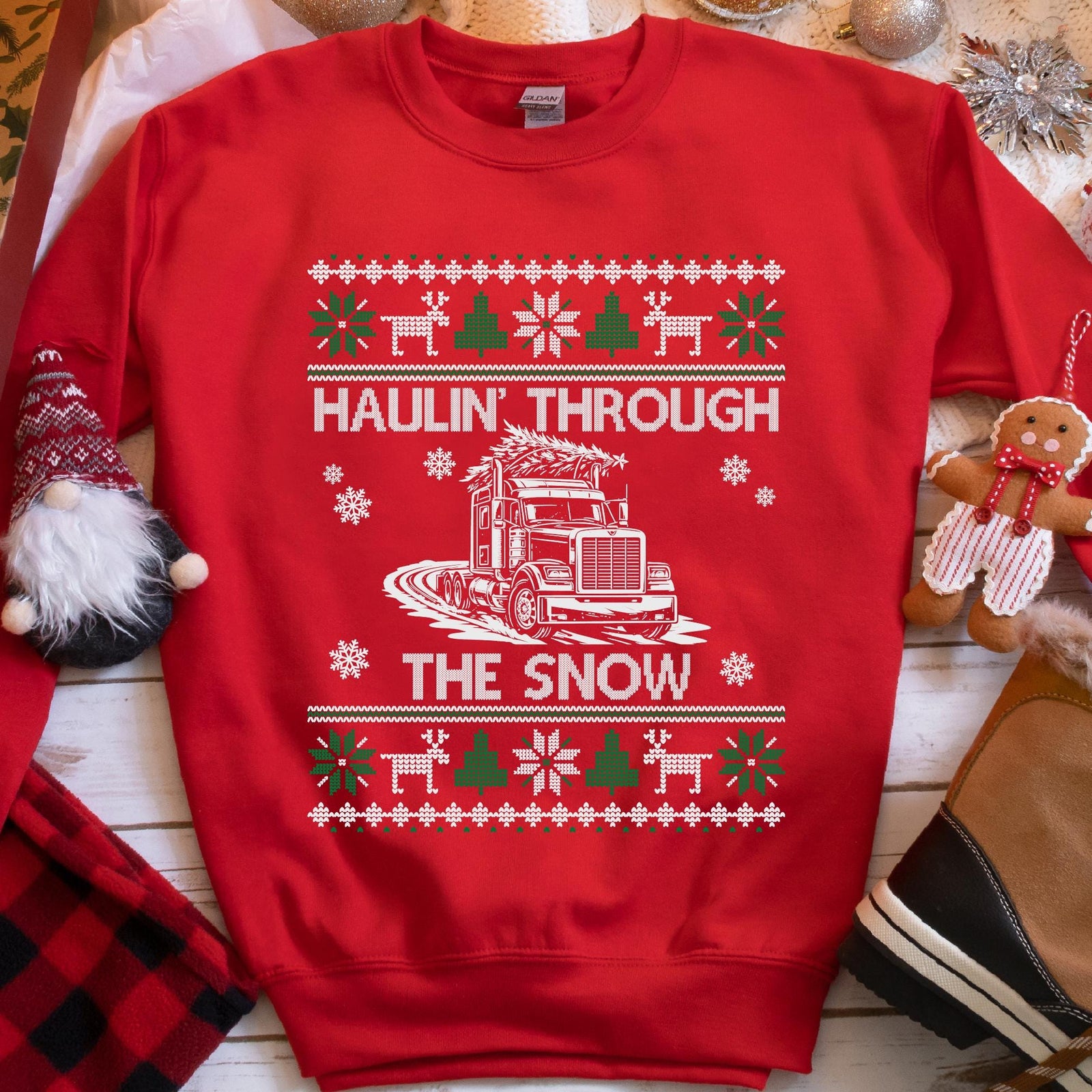 Haulin' Through the Snow Big Rig Christmas Sweatshirt - Red