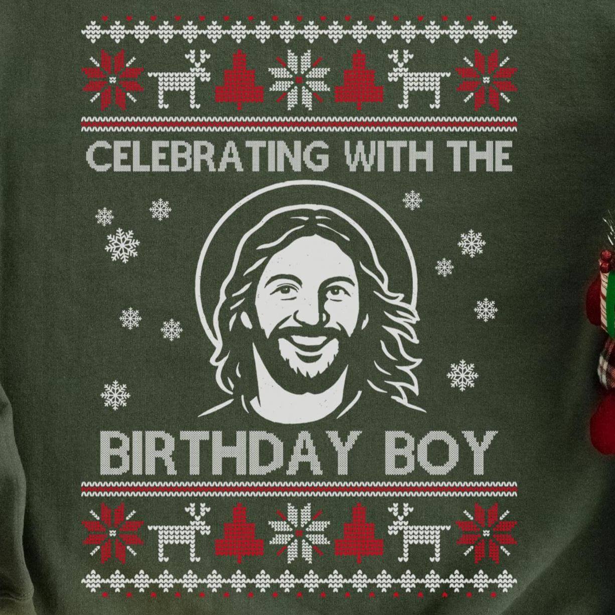 Celebrating With The Birthday Boy Christmas Sweatshirt design close-up