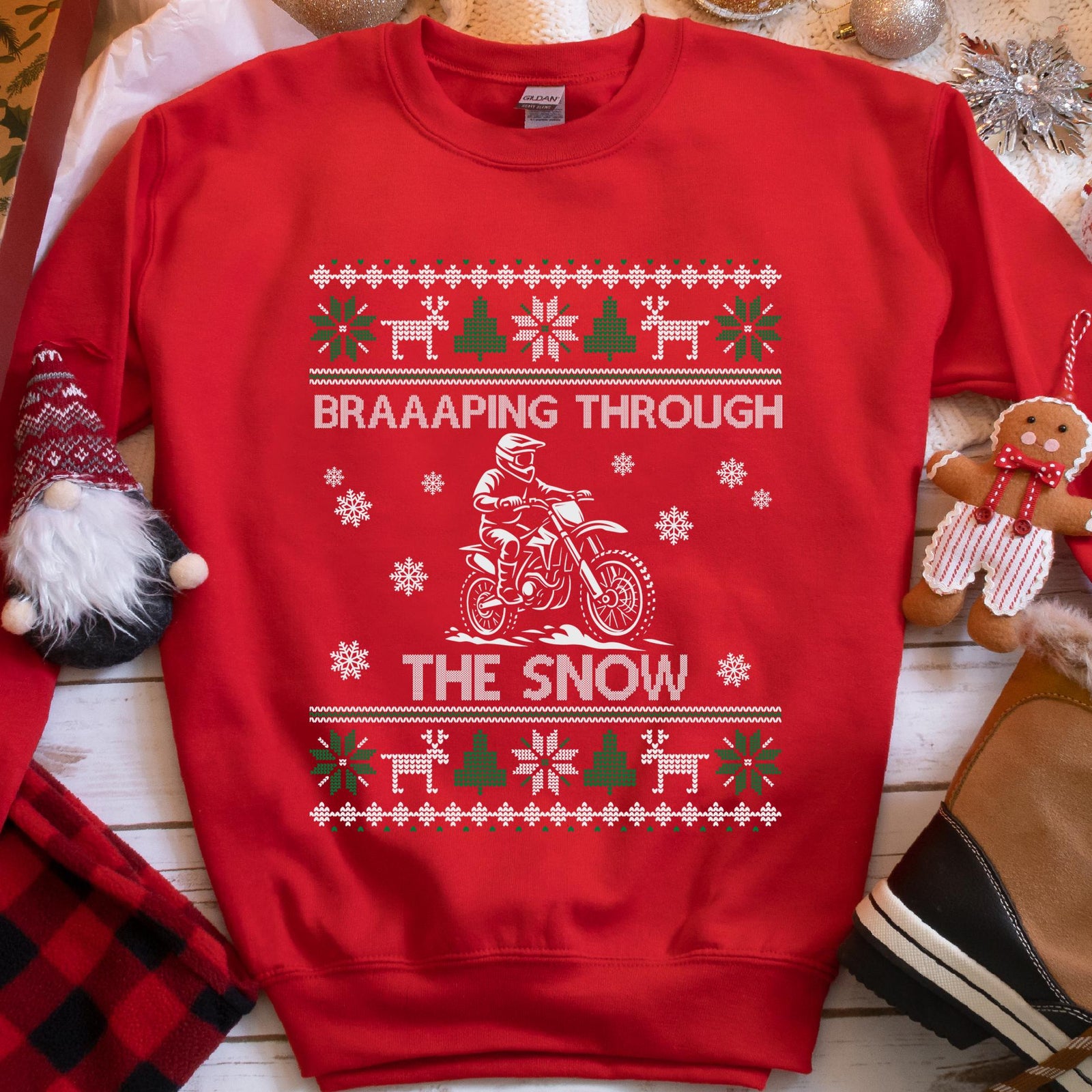 Braaaping Through the Snow Dirt Bike Christmas Sweatshirt - Red