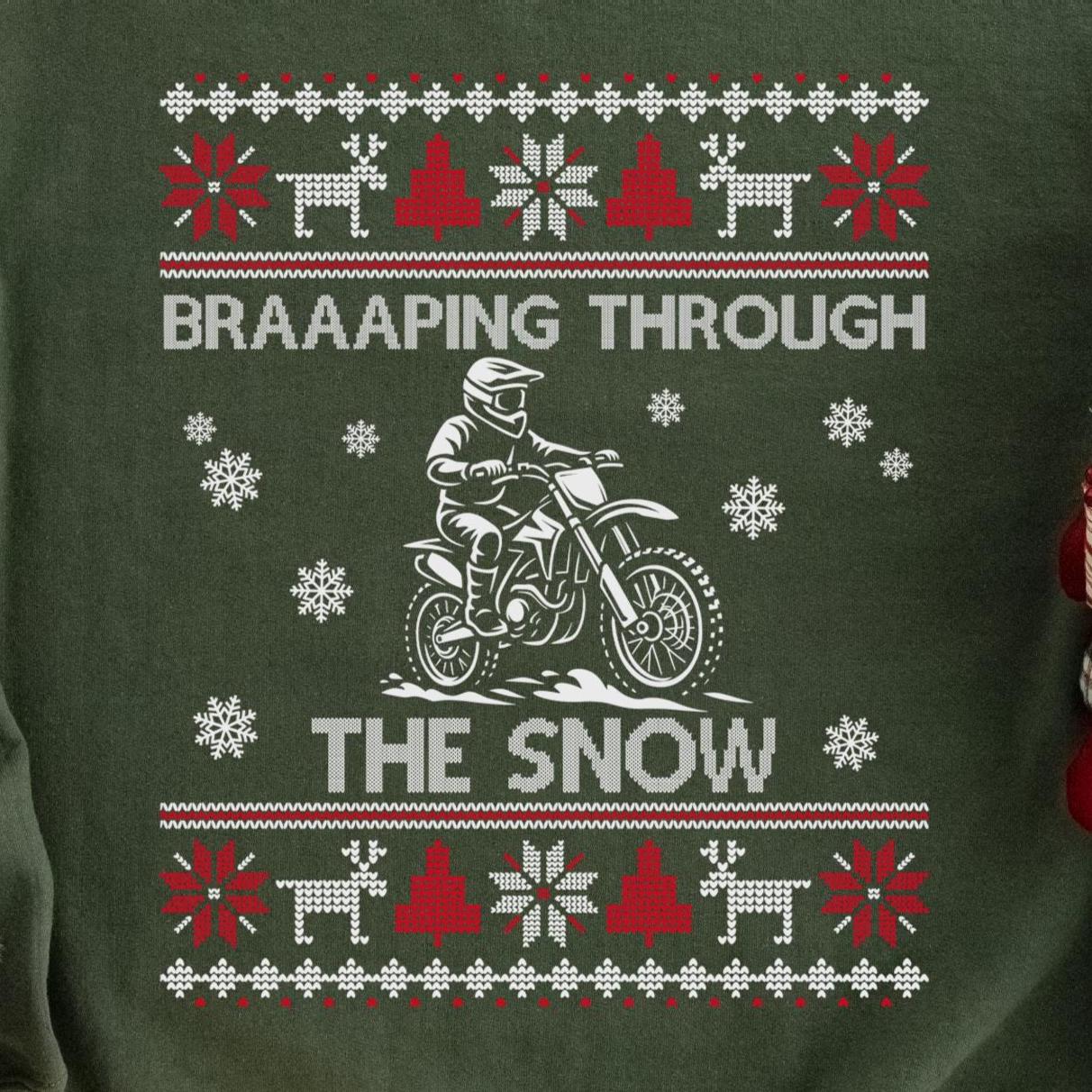 Braaaping Through the Snow Dirt Bike Christmas Sweatshirt design close-up