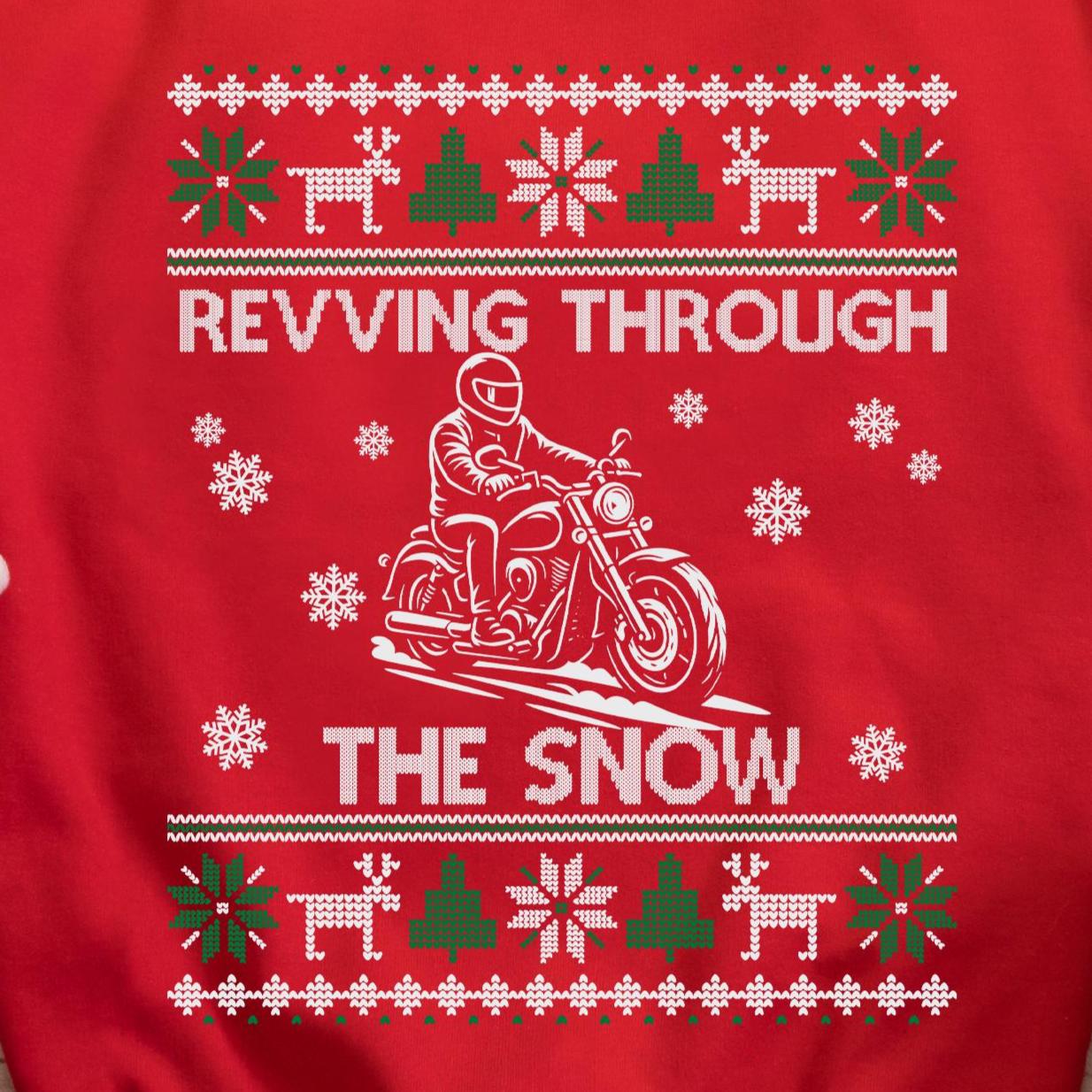 Revving Through the Snow Cruiser Christmas Sweatshirt design close-up