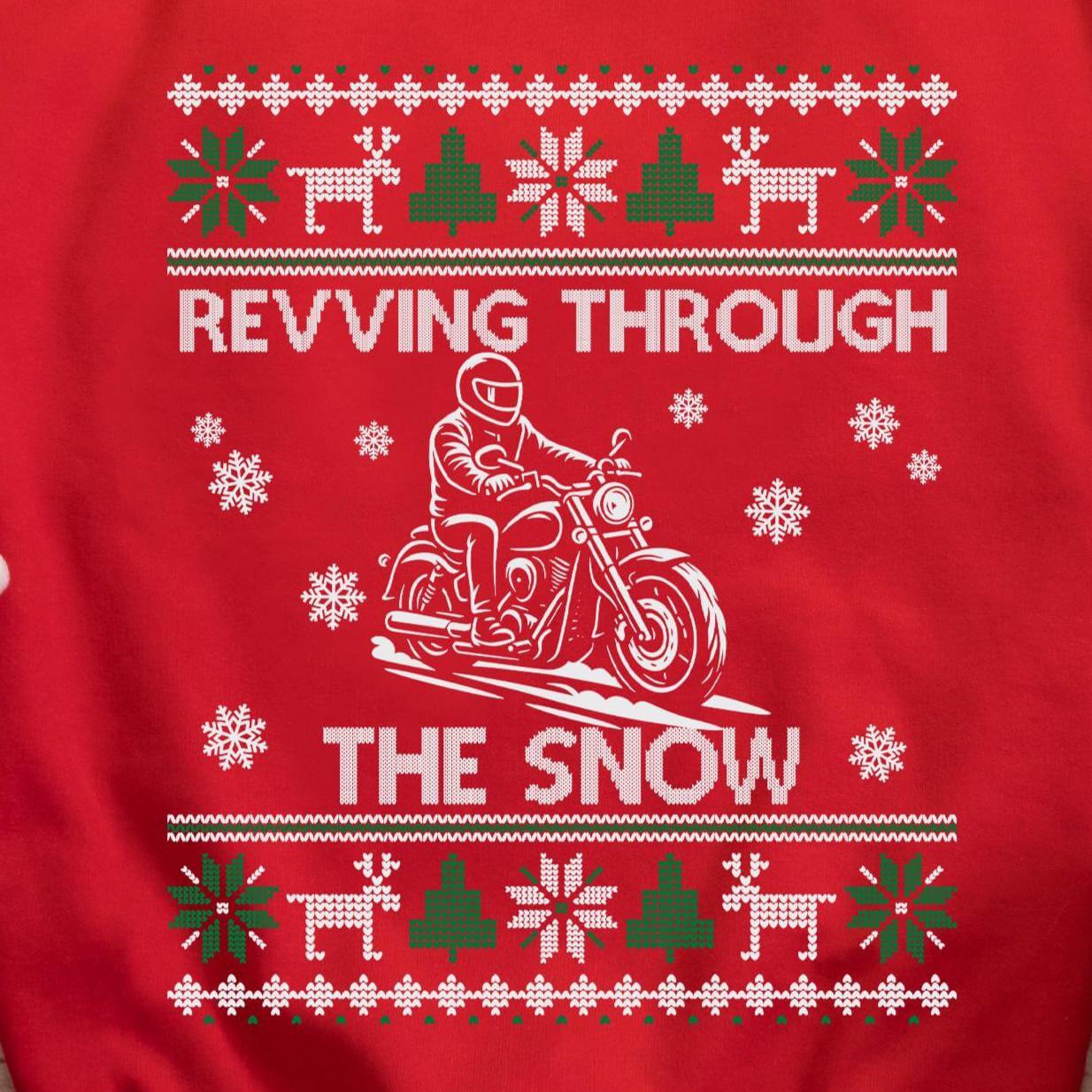 Revving Through the Snow Cruiser Christmas Sweatshirt design close-up