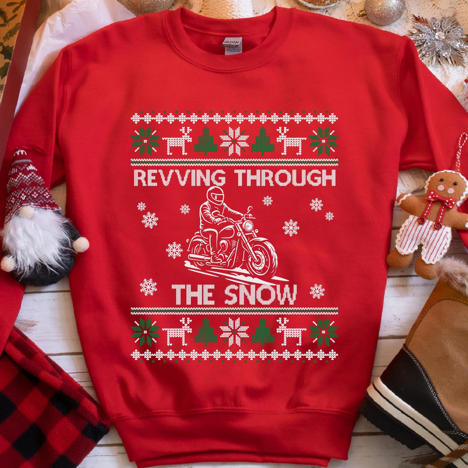 Revving Through the Snow Cruiser Christmas Sweatshirt - Red
