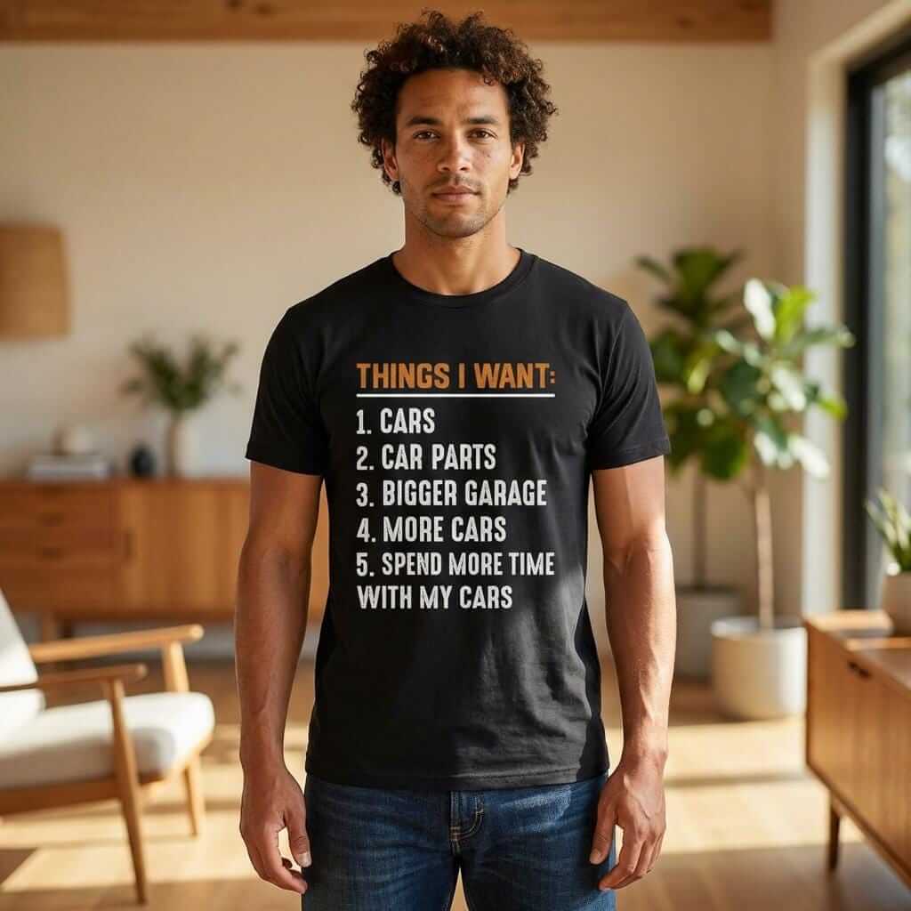 A black short-sleeved t-shirt featuring the white text "THINGS I WANT:" followed by a numbered list: 1. CARS, 2. CAR PARTS, 3. BIGGER GARAGE, 4. MORE CARS, 5. SPEND MORE TIME WITH MY CARS.