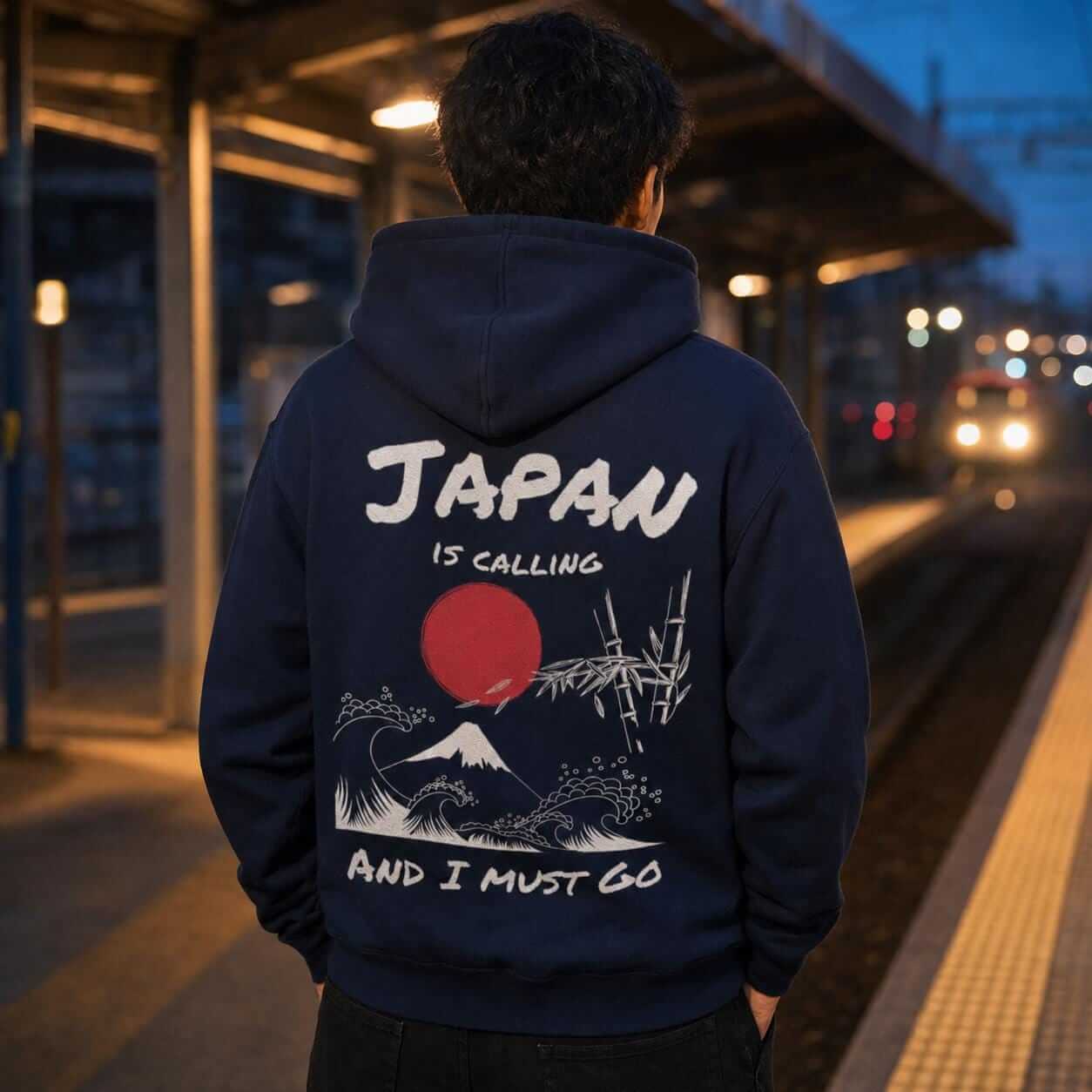 Japan Is Calling and I Must Go hoodie - back print, lifestyle photo
