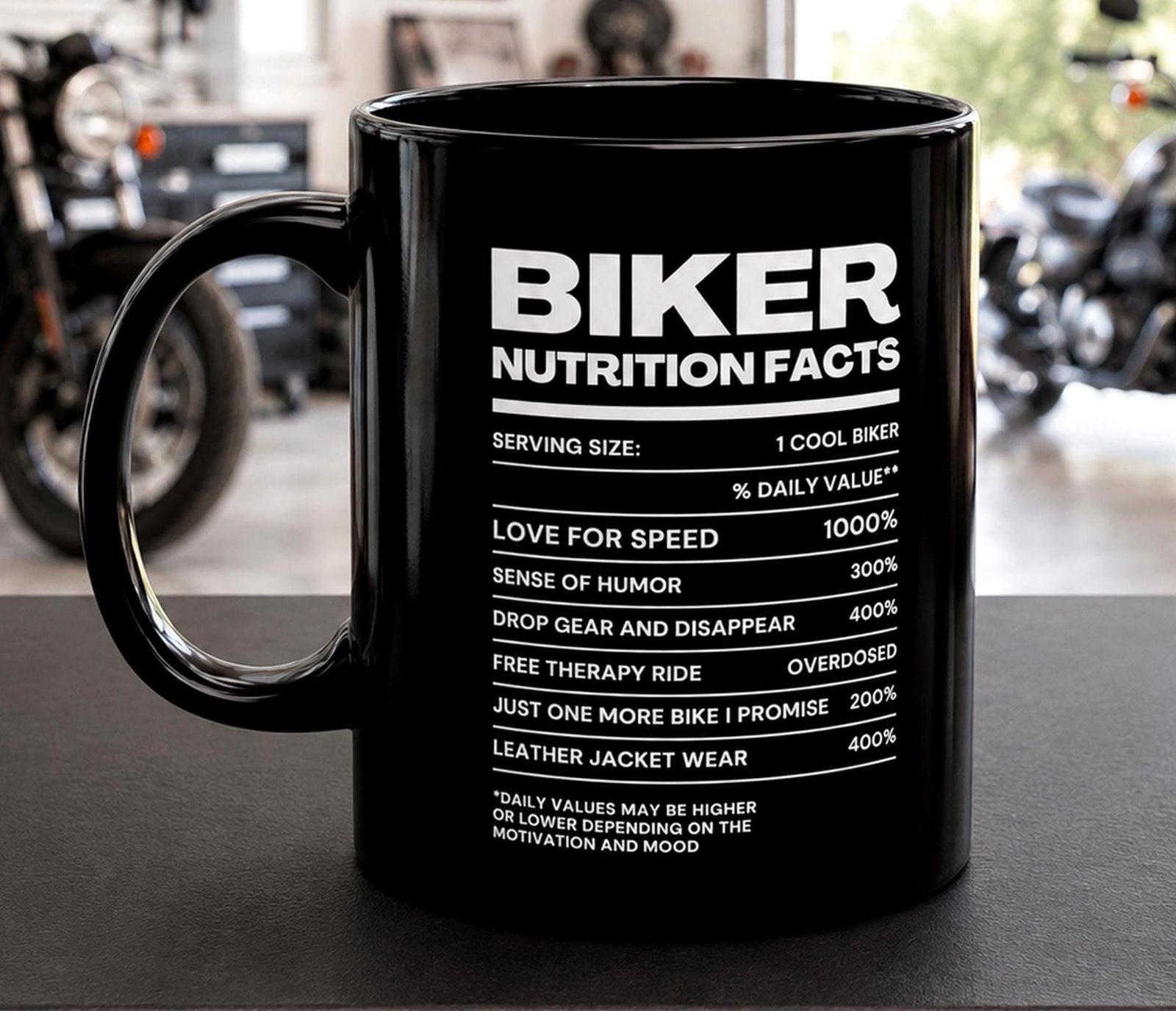 Biker Nutrition Facts Coffee Mug - lifestyle photo