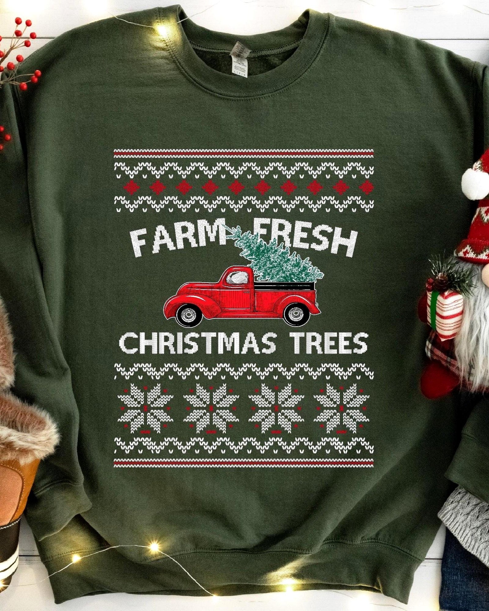 Farm Fresh Christmas Trees Vintage Red Truck Sweatshirt - Military Green