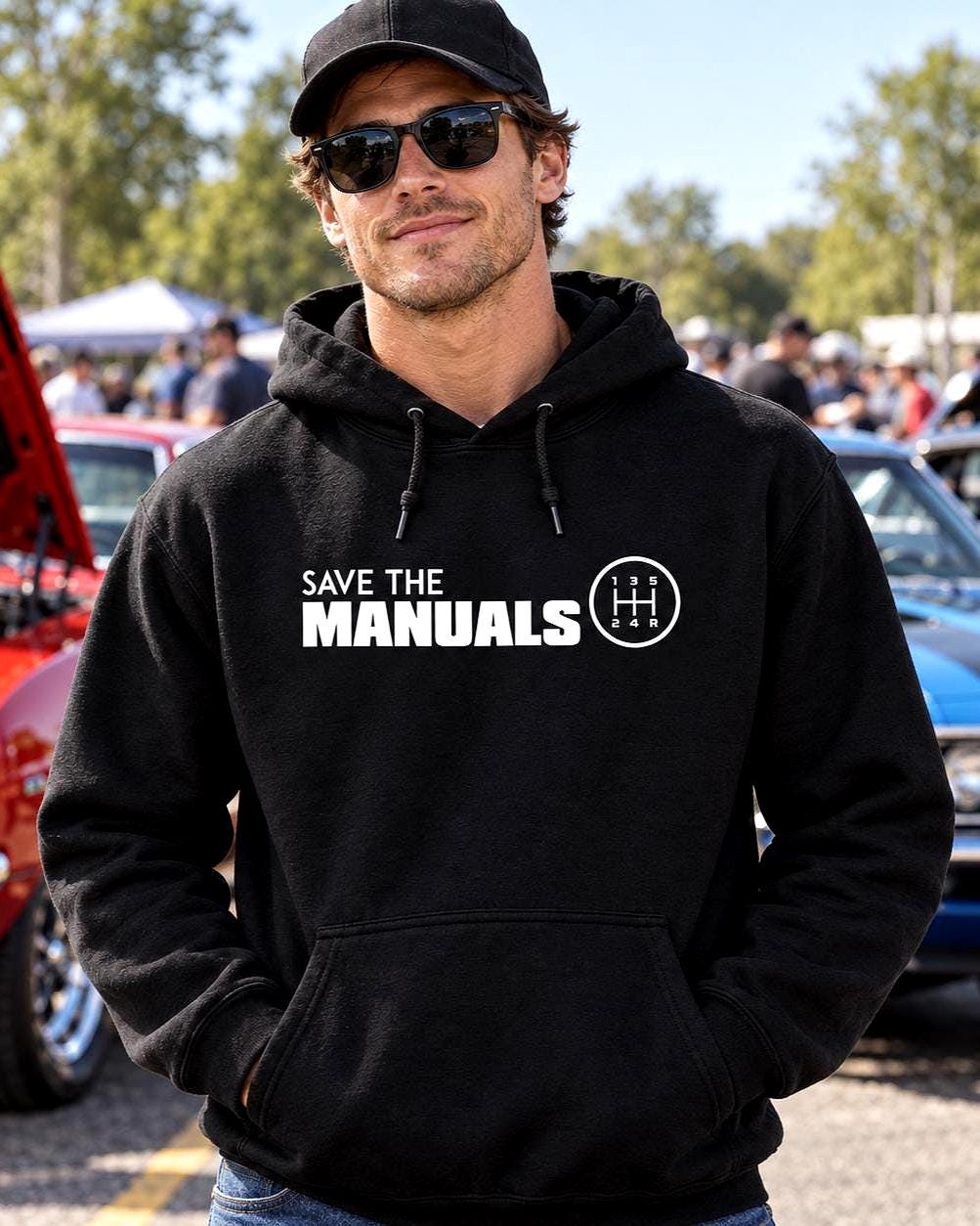 Save the Manuals Car hoodie - lifestyle photo