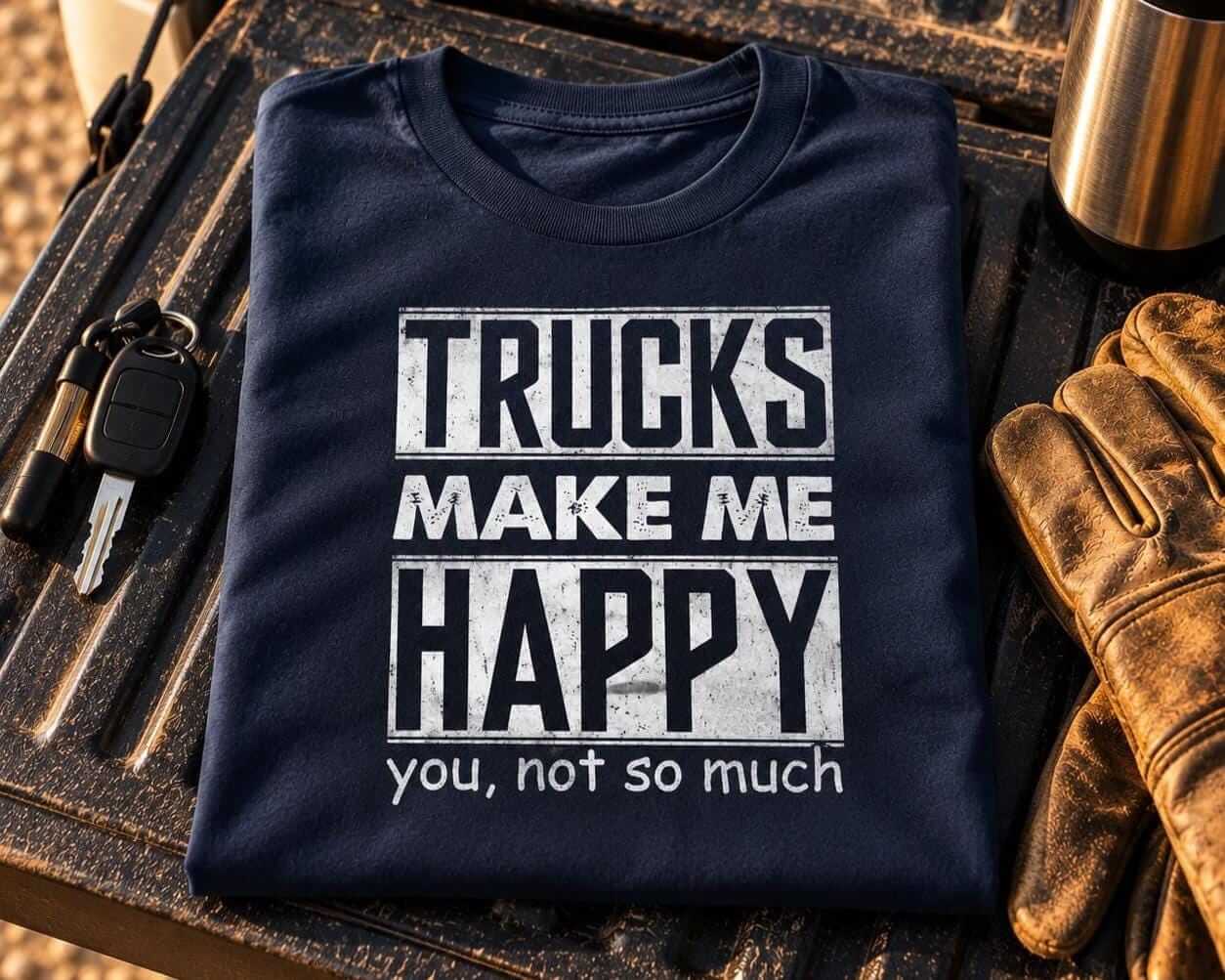 Folded navy blue trucks make me happy t-shirt on a pickup truck tailgate next to keys, work gloves and a steel coffee thermos