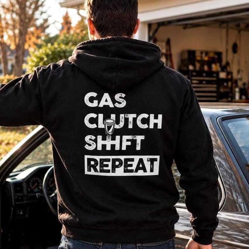 Gas Clutch Shift Repeat hoodie - back print, lifestyle photo