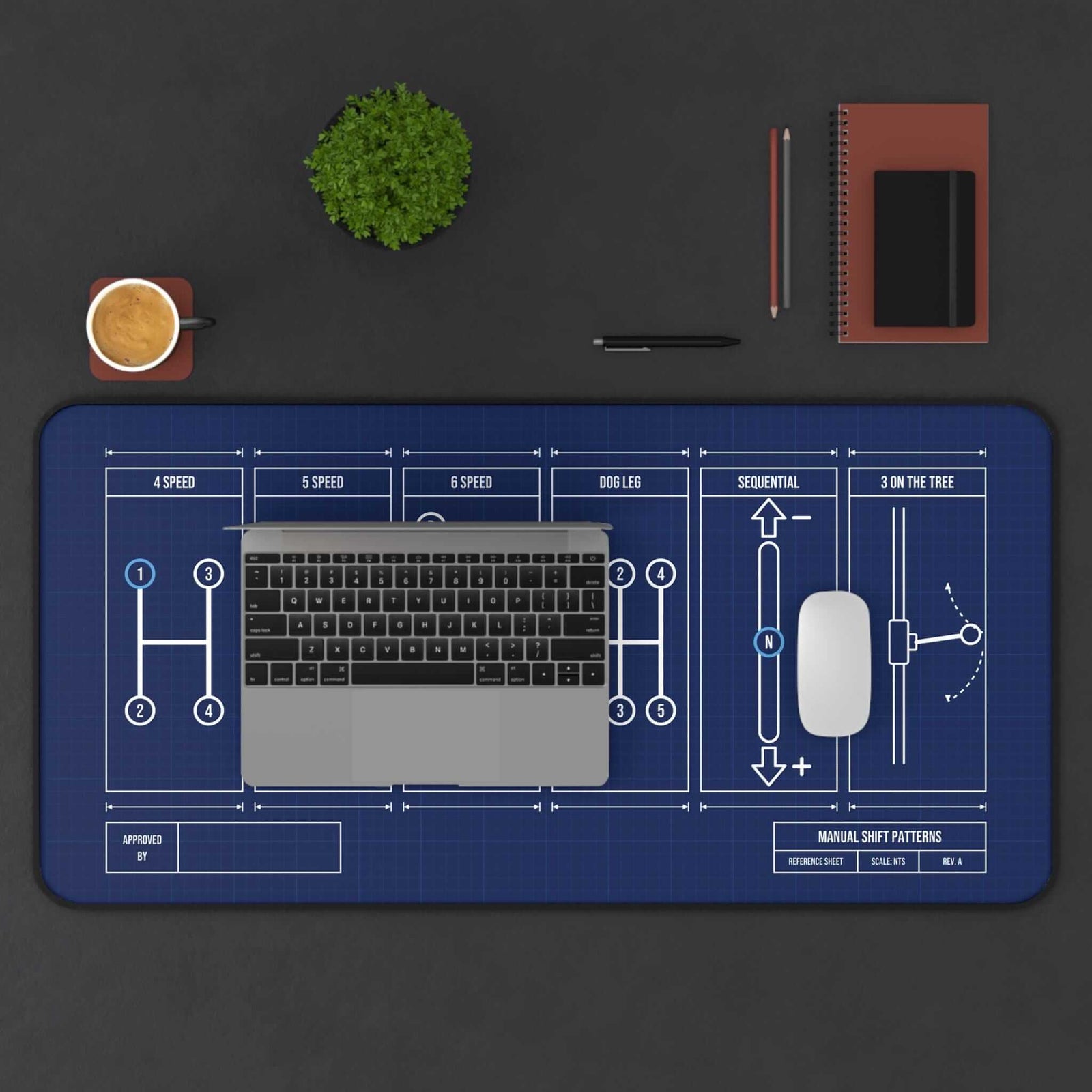 Extended shift patterns desk mat with laptop, coffee and notebook