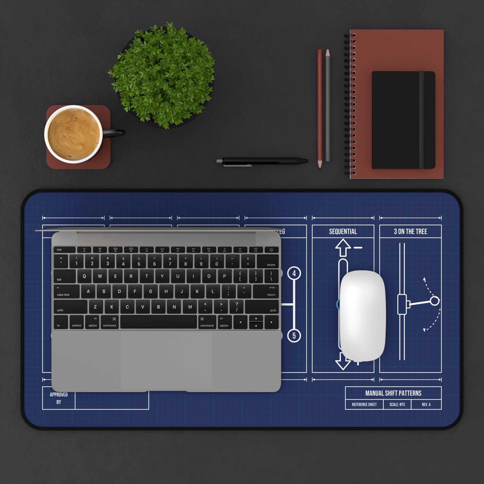 Shift patterns desk mat as a keyboard and mouse pad, top view