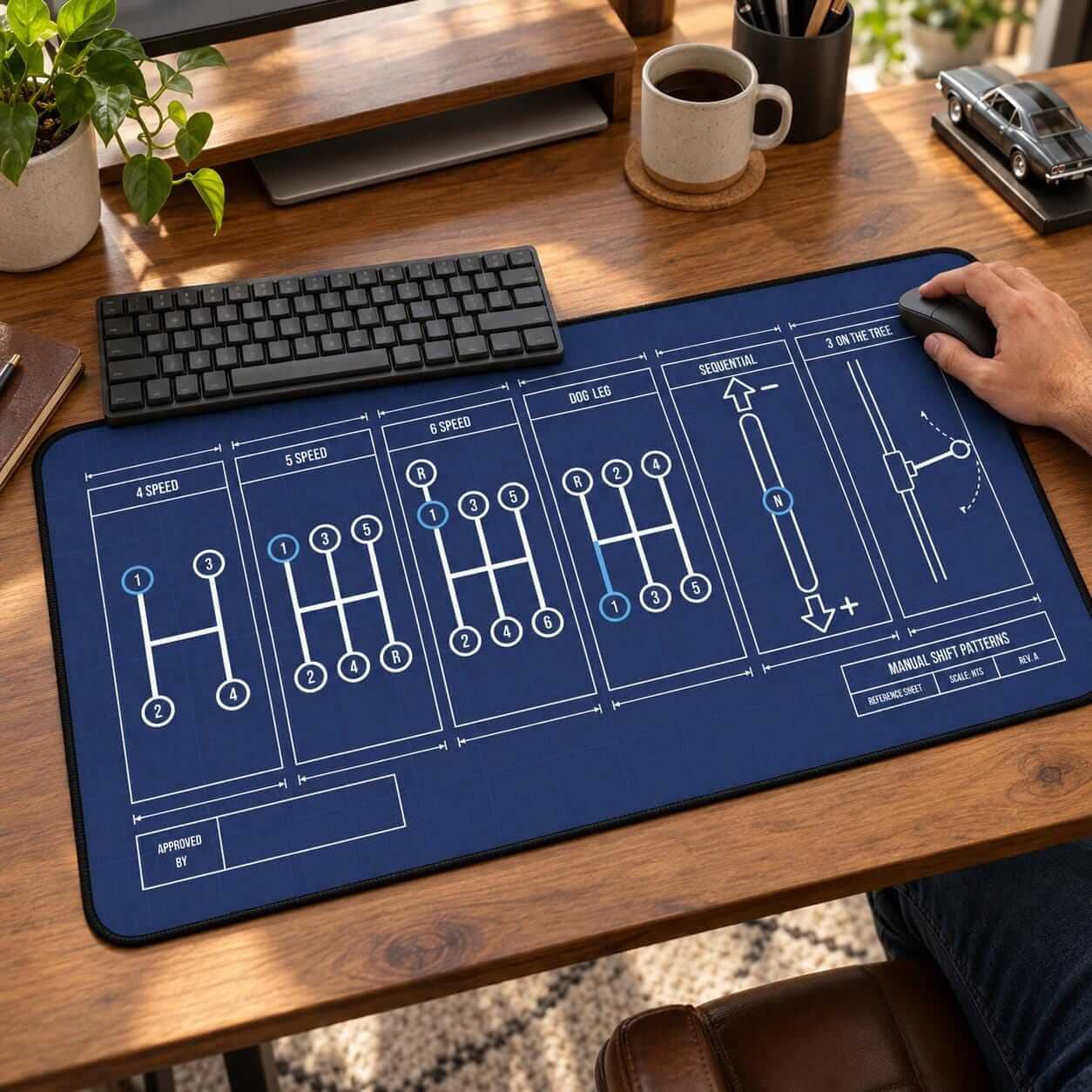 Manual shift patterns desk mat on a wooden desk with keyboard and mouse