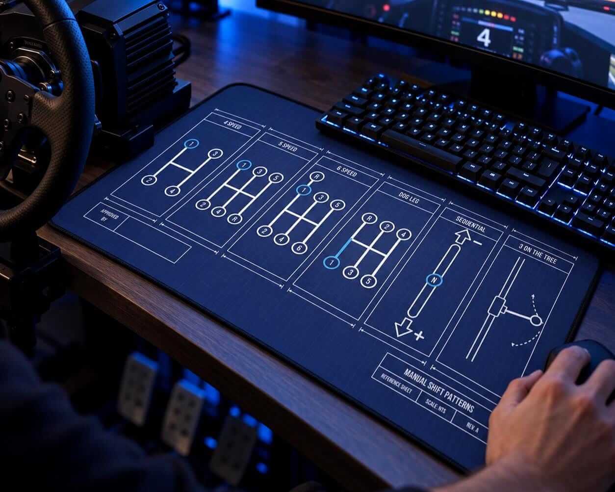 Manual shift patterns desk mat on a sim racing desk with steering wheel and pedals