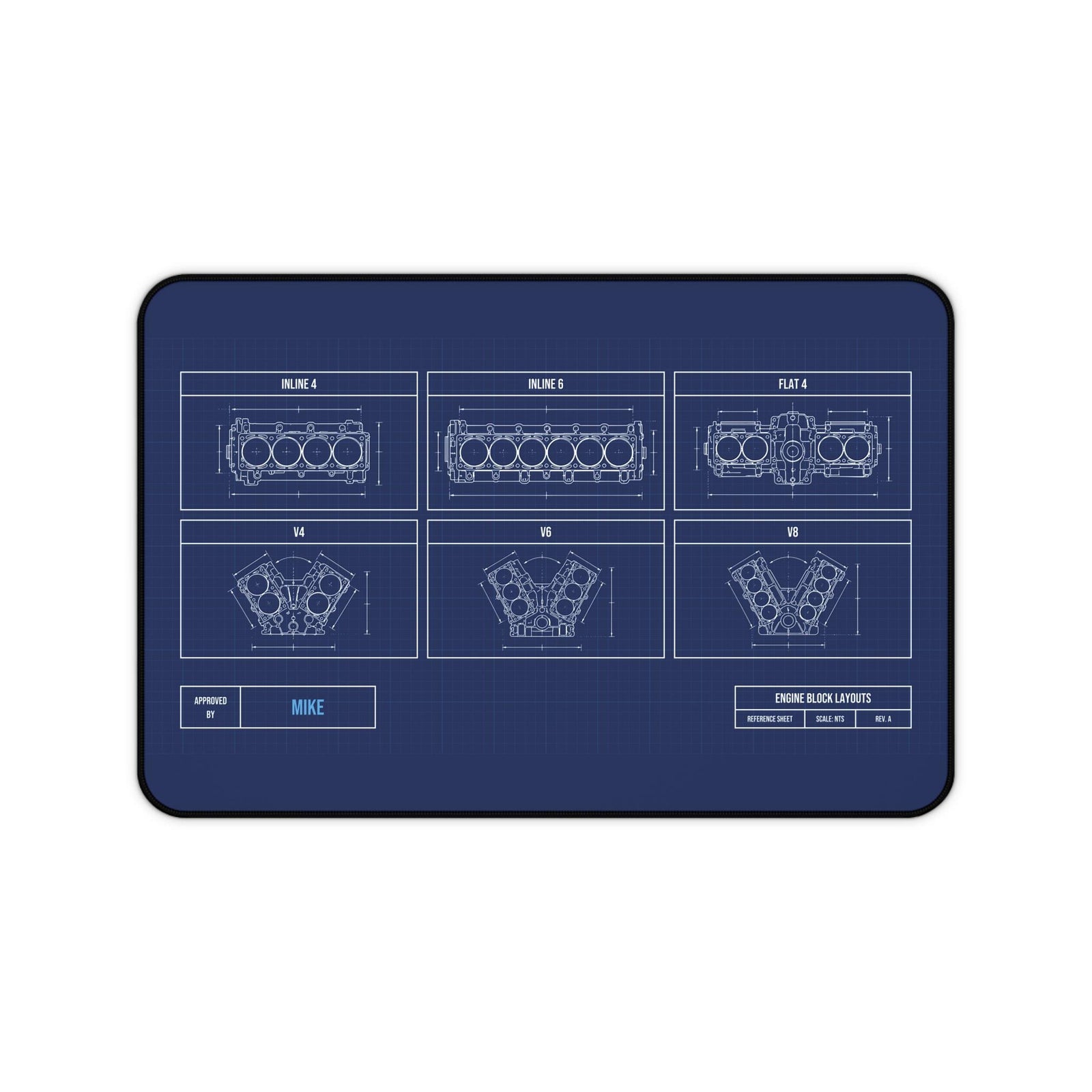 Personalized engine block blueprint desk mat, 12 x 18 inch