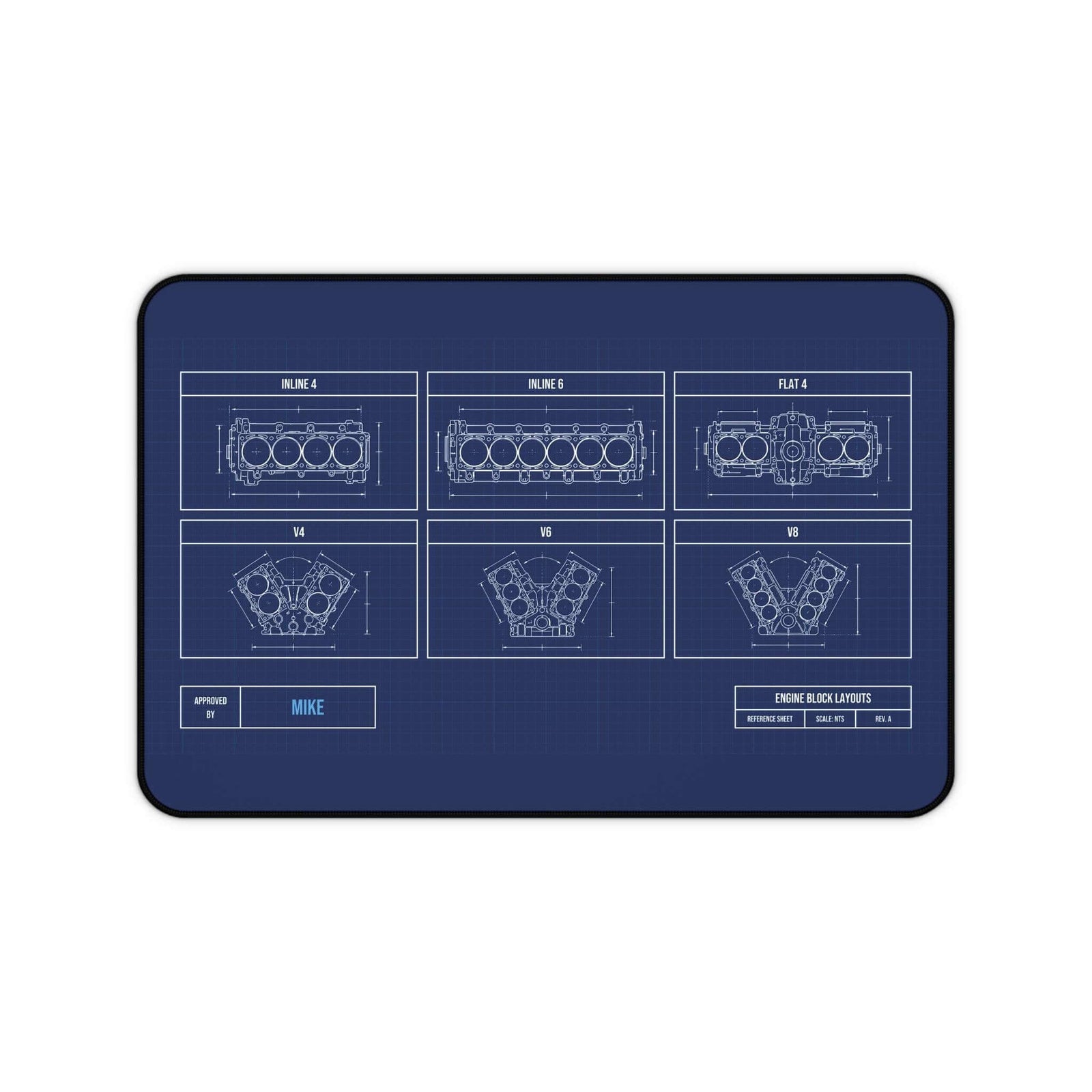 Personalized engine block blueprint desk mat, 12 x 18 inch