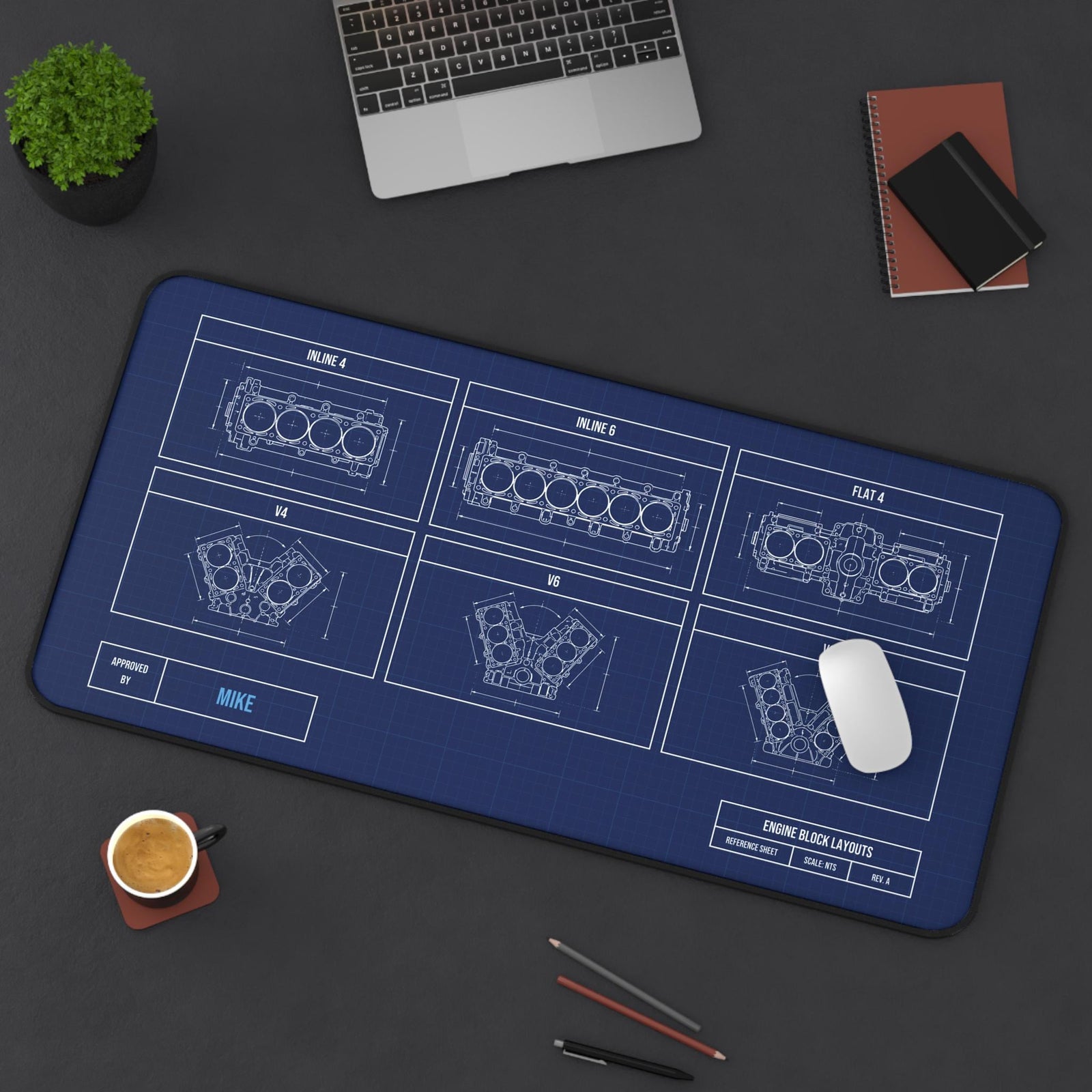 Extended engine block blueprint desk mat, top view with mouse