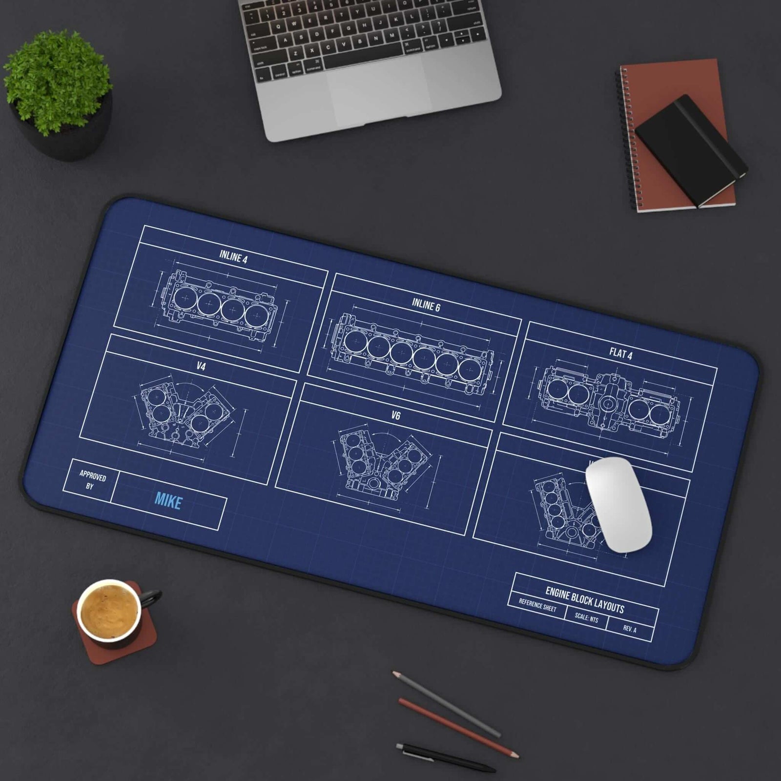 Extended engine block blueprint desk mat, top view with mouse