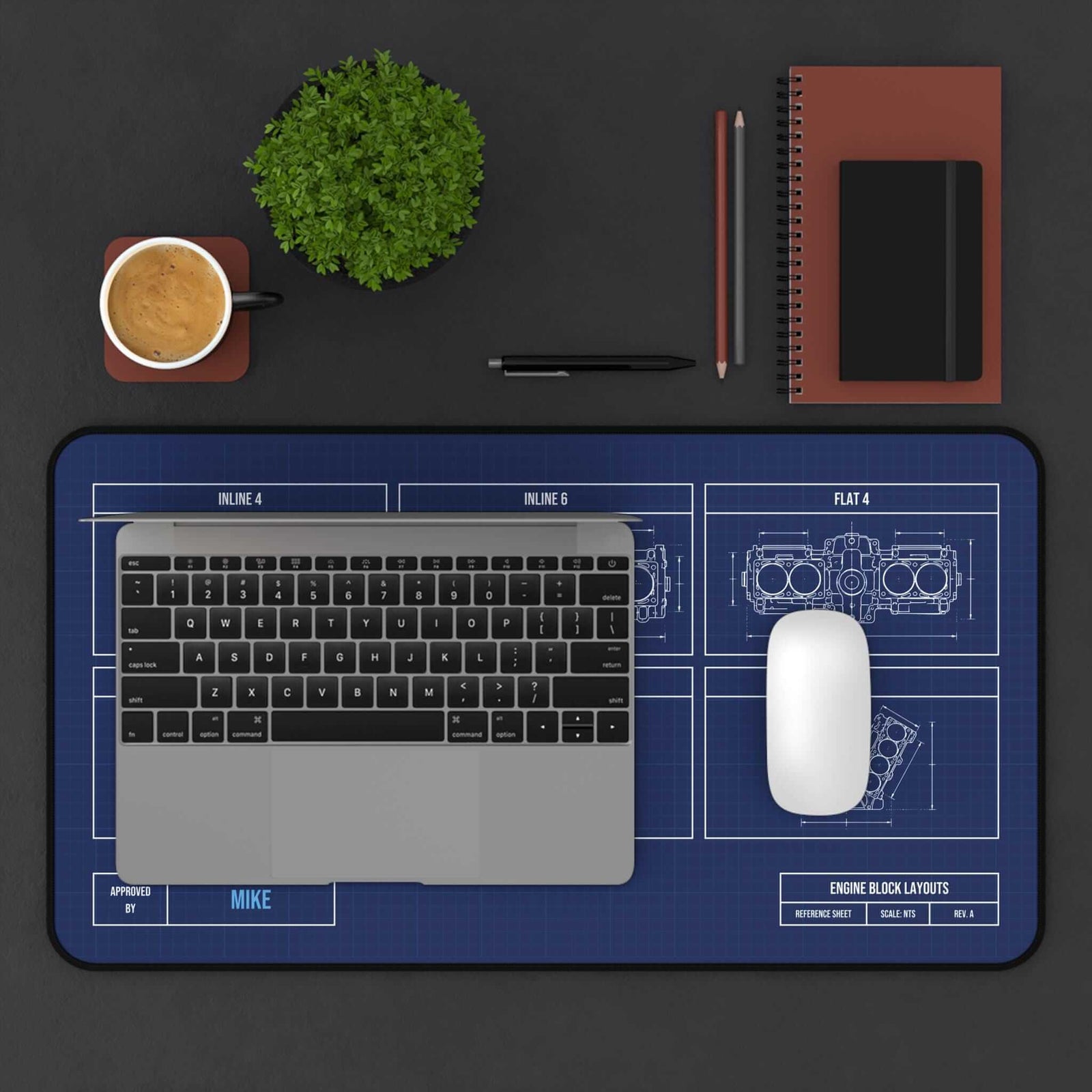 Engine block blueprint desk mat as a keyboard and mouse pad, top view