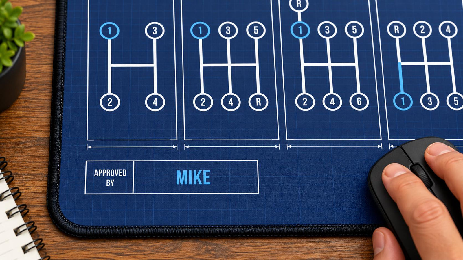 Close-up of the shift patterns desk mat with MIKE in the Approved By box