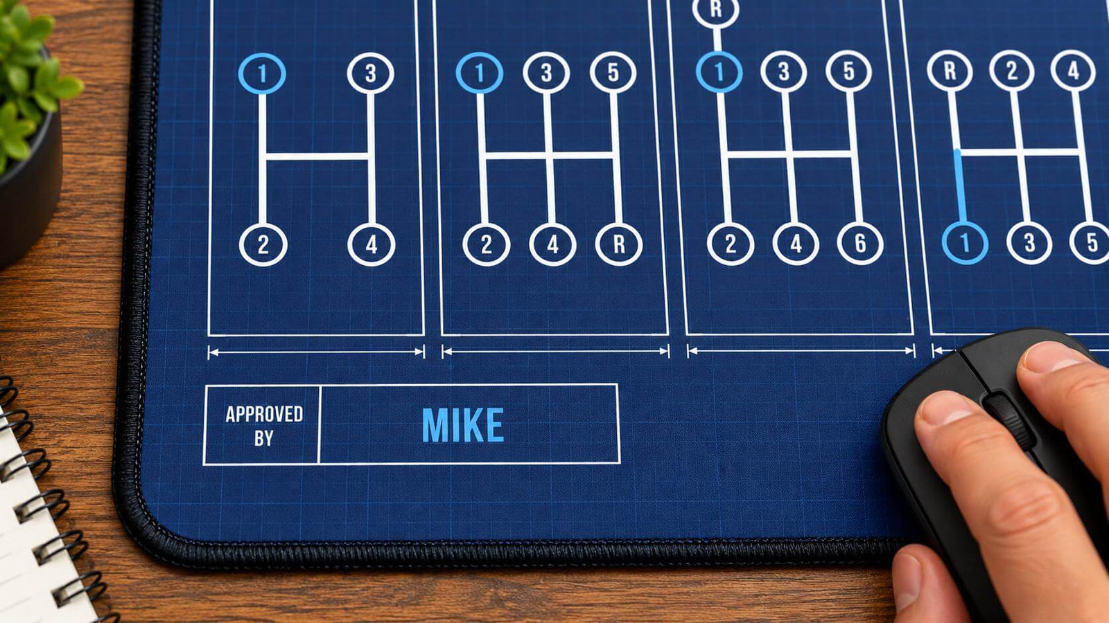 Close-up of the shift patterns desk mat with MIKE in the Approved By box