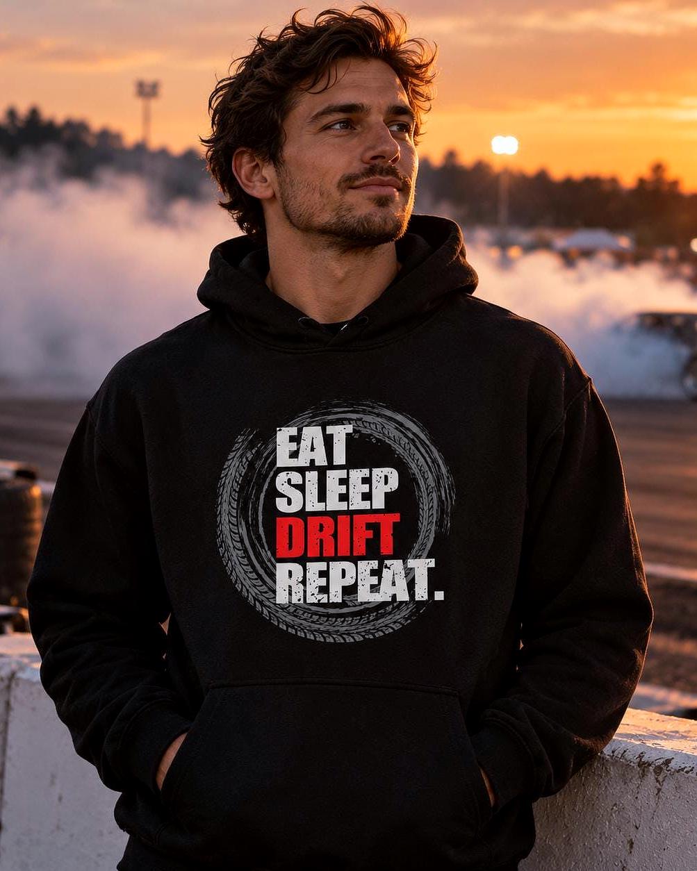 Eat Sleep Drift Repeat hoodie - lifestyle photo