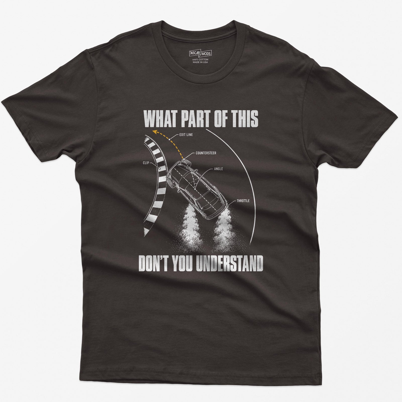 Dark Chocolate t-shirt with a What Part Of This Don't You Understand print: a drifting car seen from above with the clip, countersteer, angle and throttle labeled