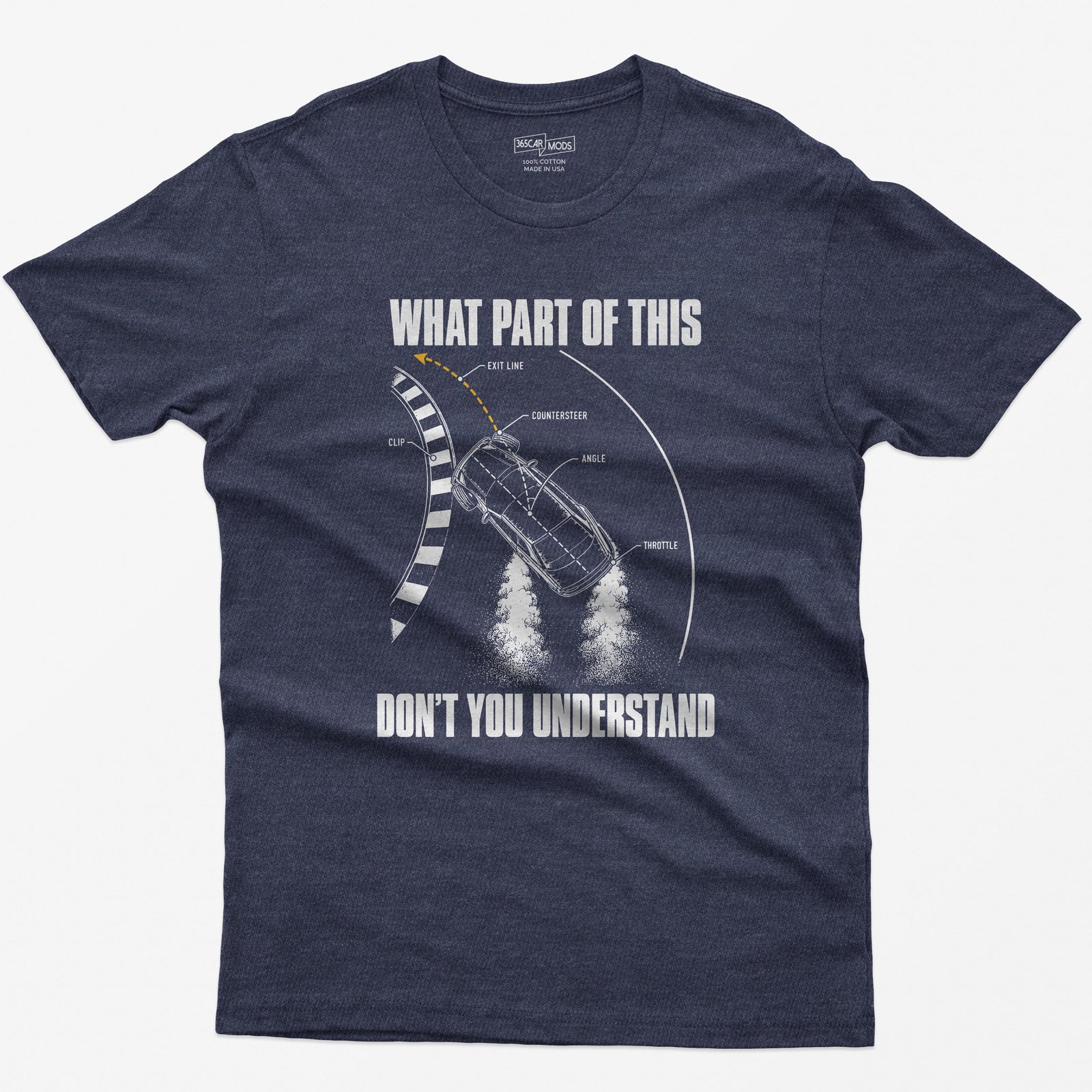 Heather Navy t-shirt with a What Part Of This Don't You Understand print: a drifting car seen from above with the clip, countersteer, angle and throttle labeled