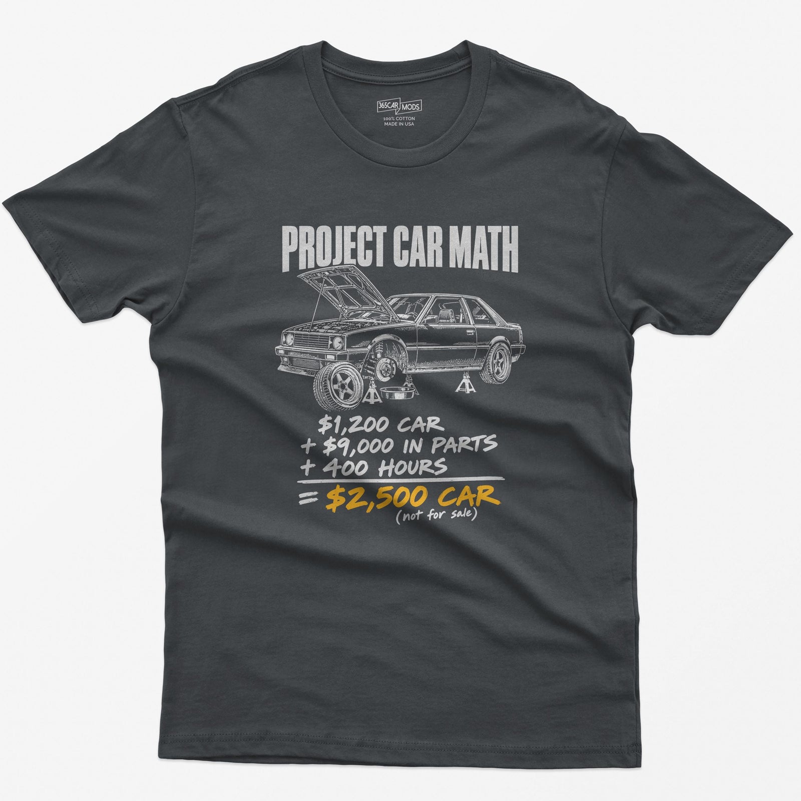 Charcoal t-shirt with a Project Car Math print: a project car on jack stands and the $1,200 car + $9,000 in parts + 400 hours equation