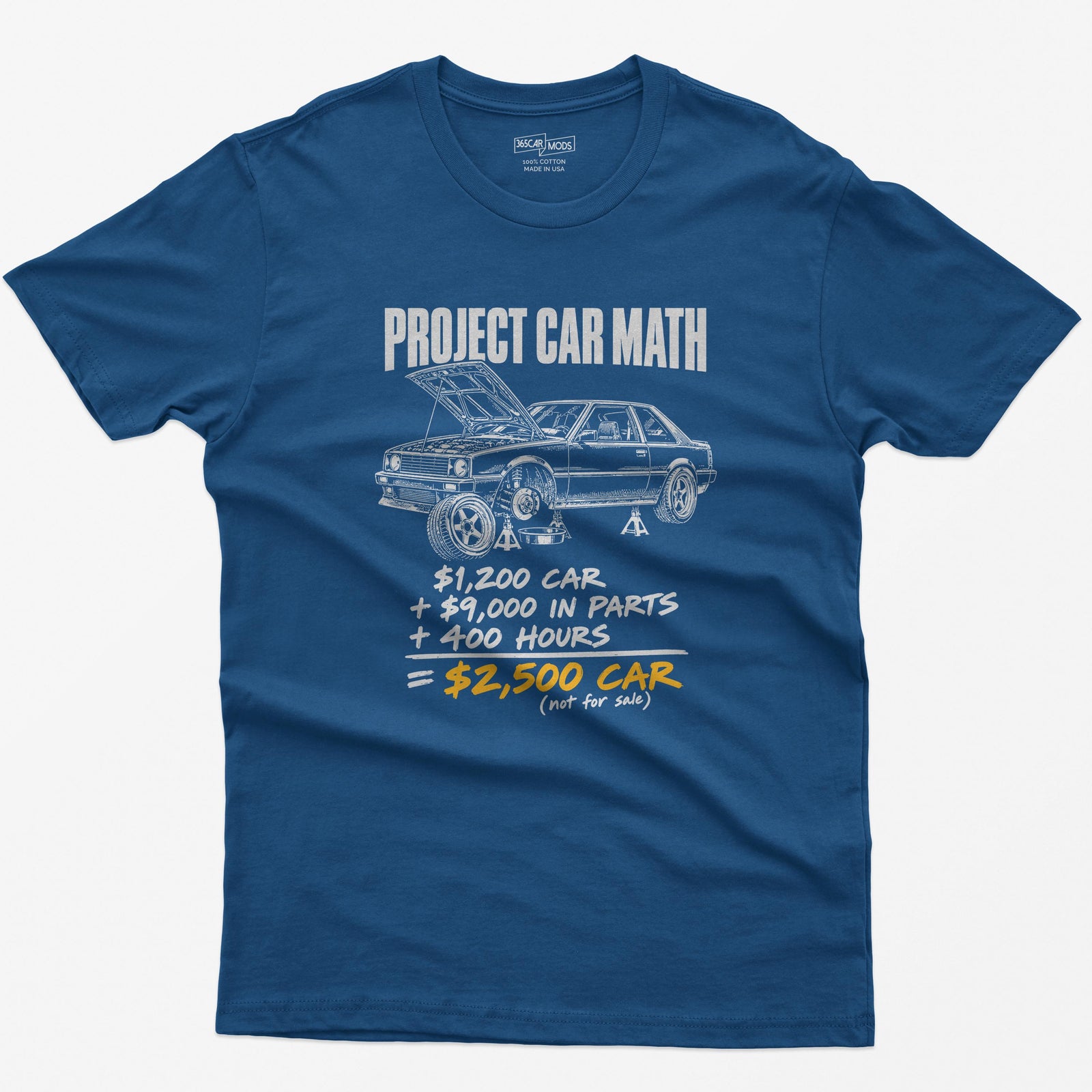 Royal blue t-shirt with a Project Car Math print: a project car on jack stands and the $1,200 car + $9,000 in parts + 400 hours equation