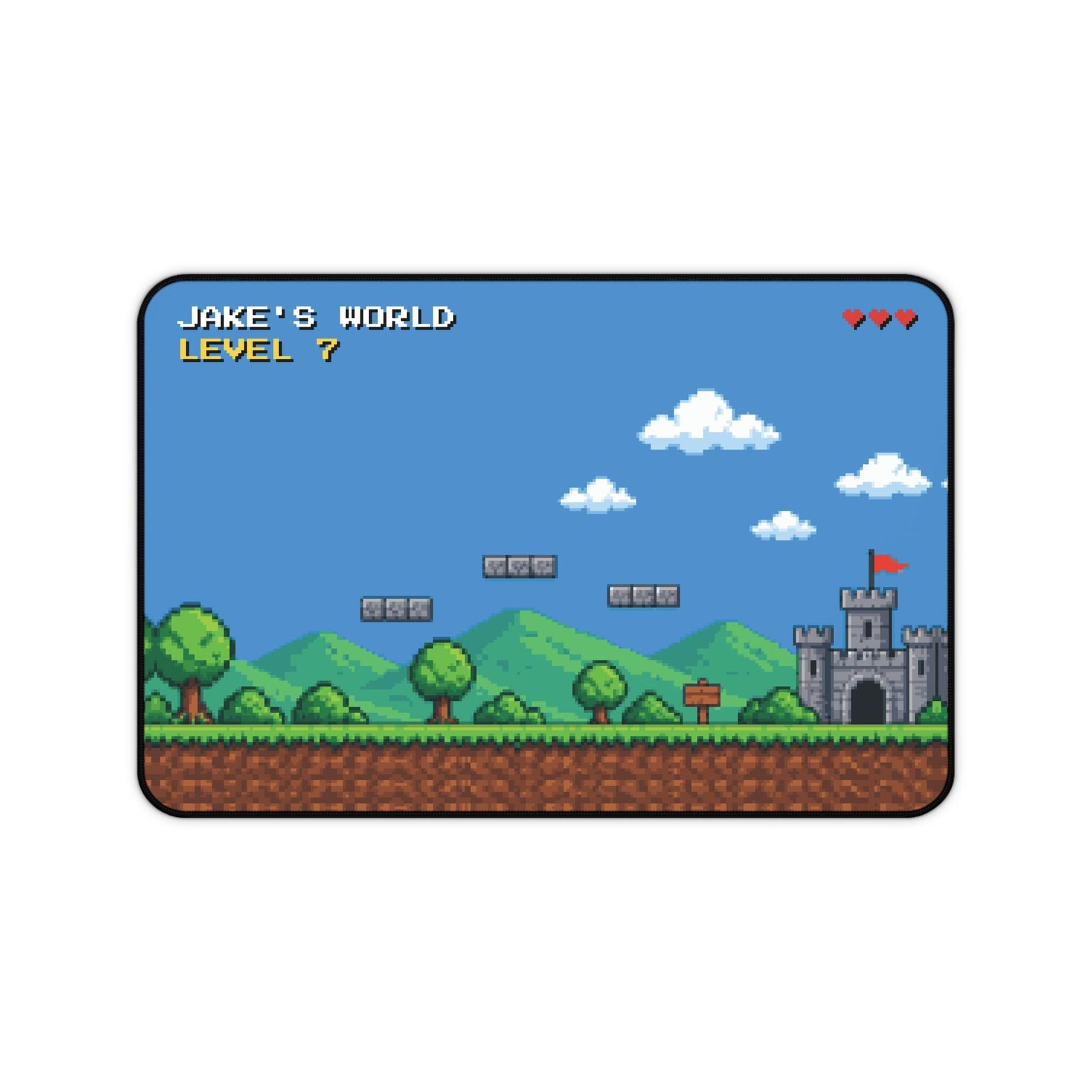 Personalized pixel art desk mat with a castle and red flag, top view