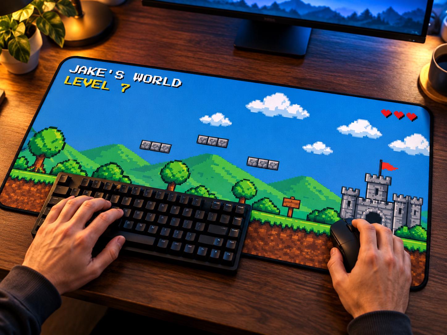 12 x 22 in personalized pixel art desk mat under a compact keyboard and mouse