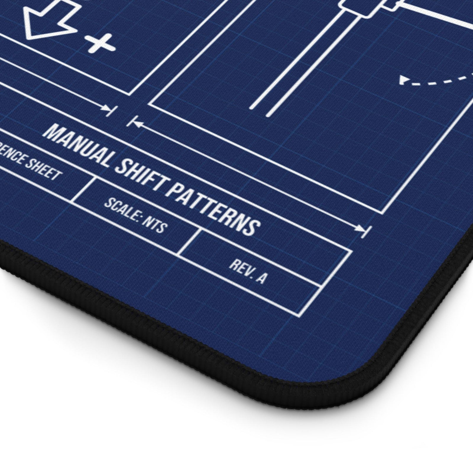 Close-up of the Manual Shift Patterns title block and stitched edge