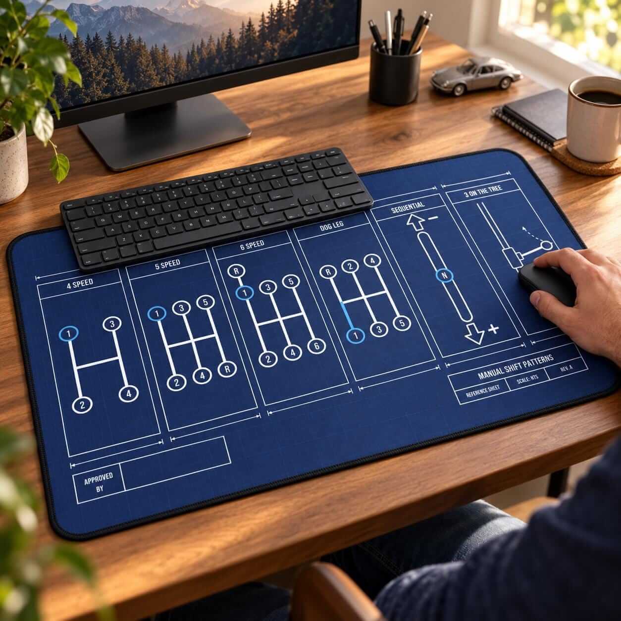 Manual shift patterns desk mat with keyboard and mouse on a wooden home office desk