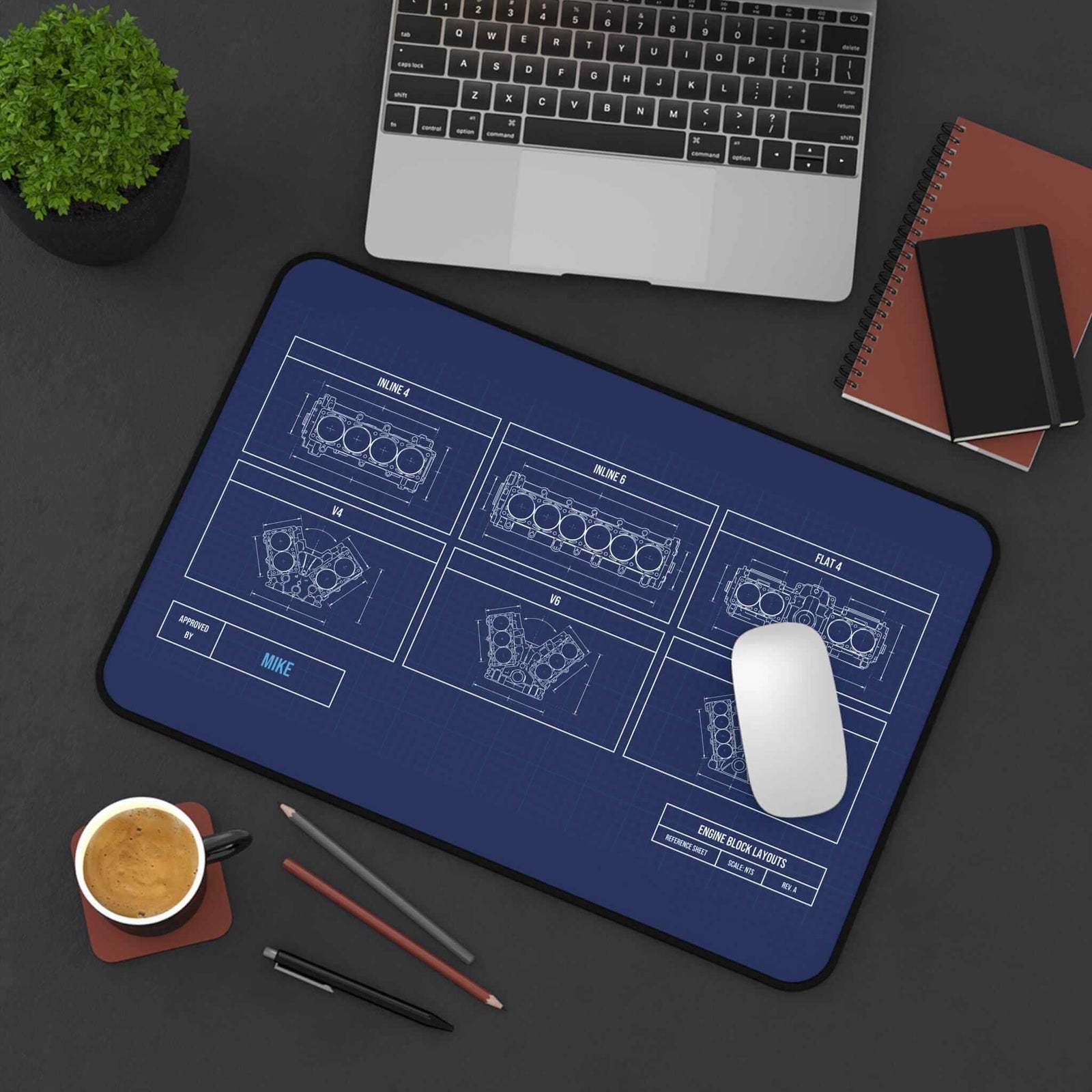 Engine block blueprint desk mat, small size, top view with mouse and coffee
