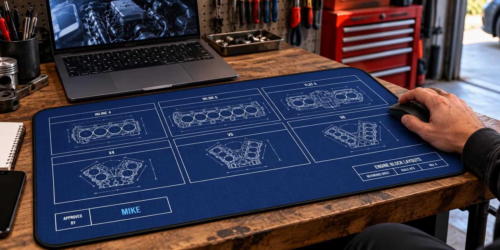 Extended engine block blueprint desk mat in a home garage with laptop