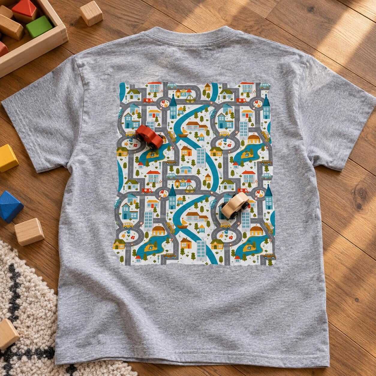 Sport grey t-shirt with the road play mat back print on a wooden floor with toy cars and blocks