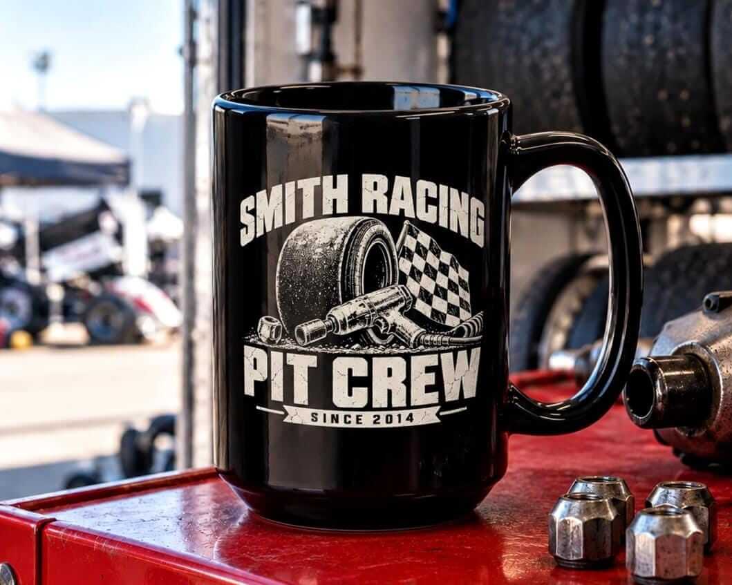 15oz black personalized Pit Crew racing mug on a red tool cart with lug nuts in a race paddock