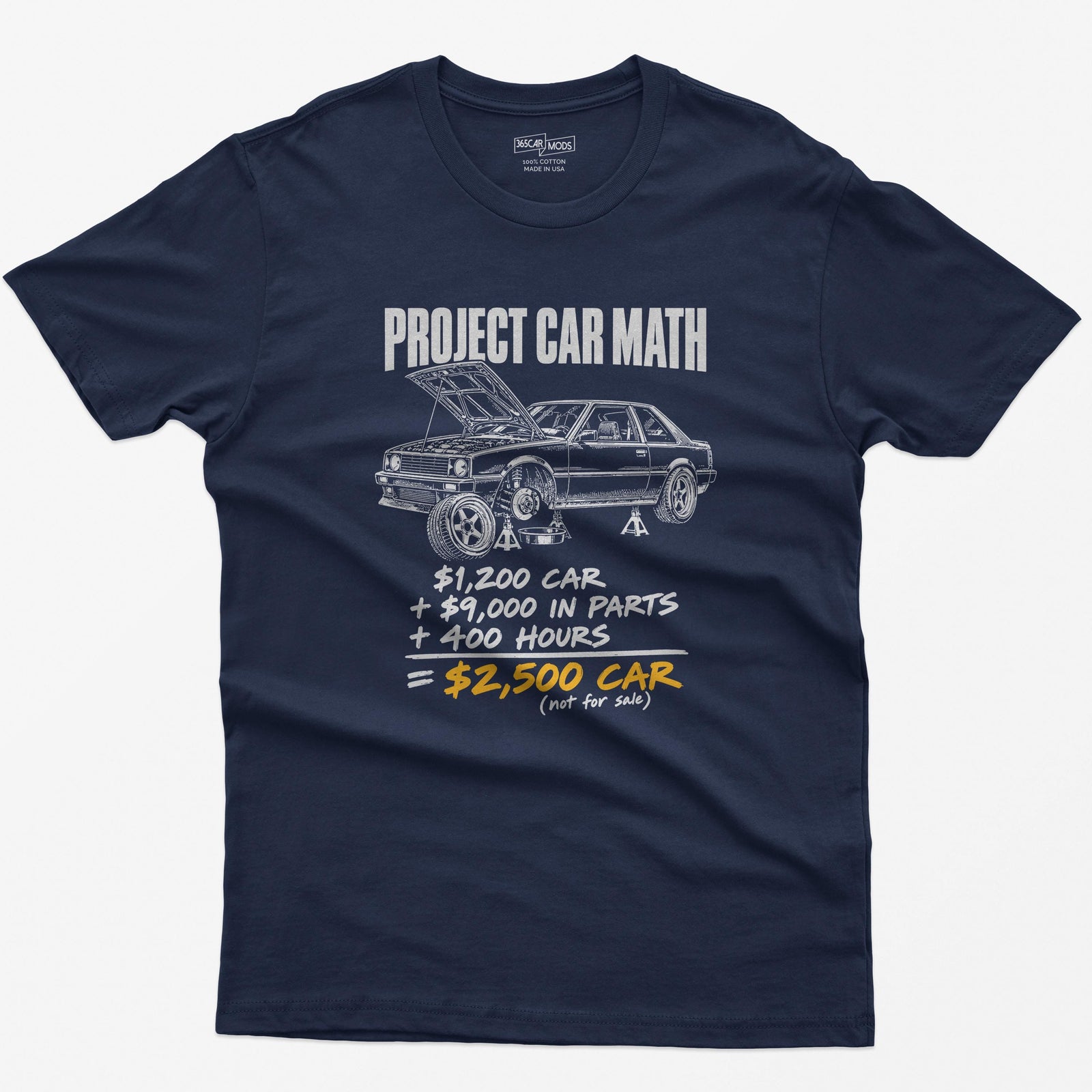 Navy t-shirt with a Project Car Math print: a project car on jack stands and the $1,200 car + $9,000 in parts + 400 hours equation