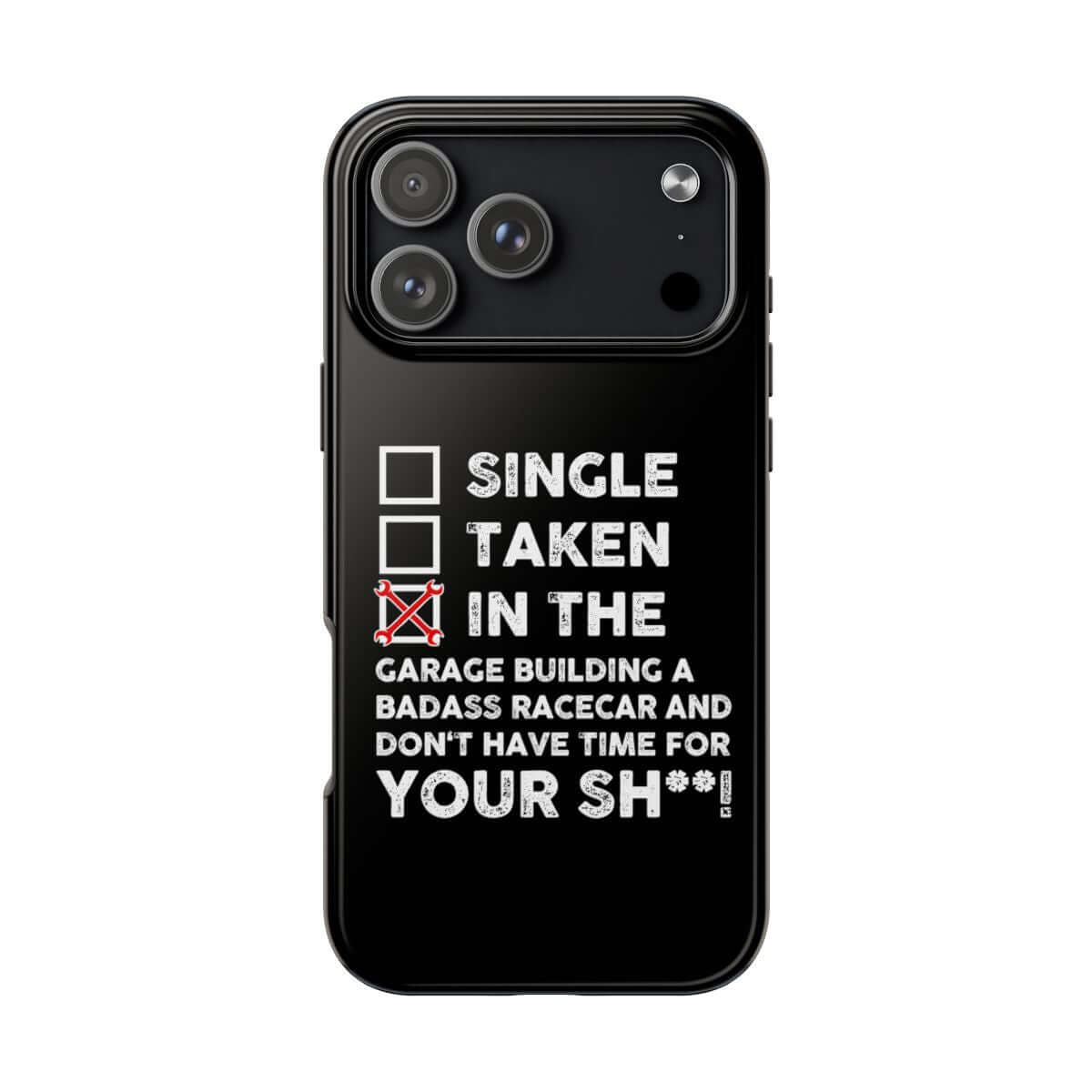 In the Garage Building a Racecar tough phone case on iPhone 18 Pro Max, back view