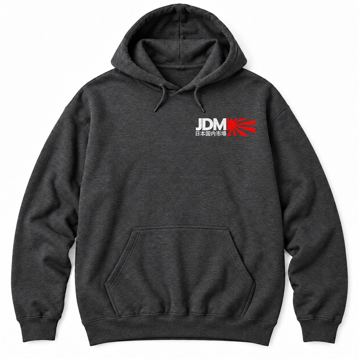 Dark Heather hoodie with large JDM letters, Japanese text for Japanese domestic market and a red rising sun with rays
