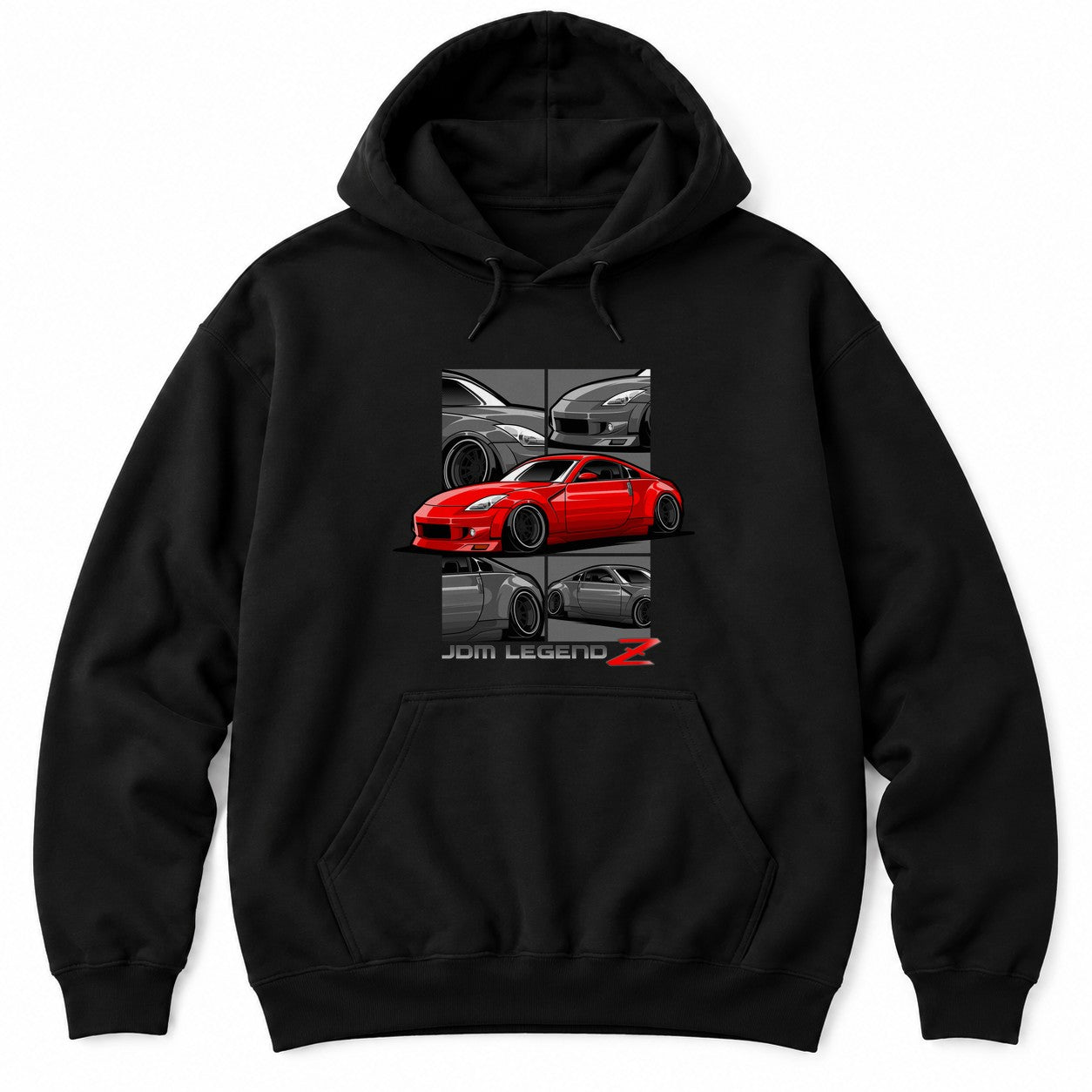 Black hoodie with a red widebody JDM coupe framed by grey close-up panels above JDM LEGEND lettering