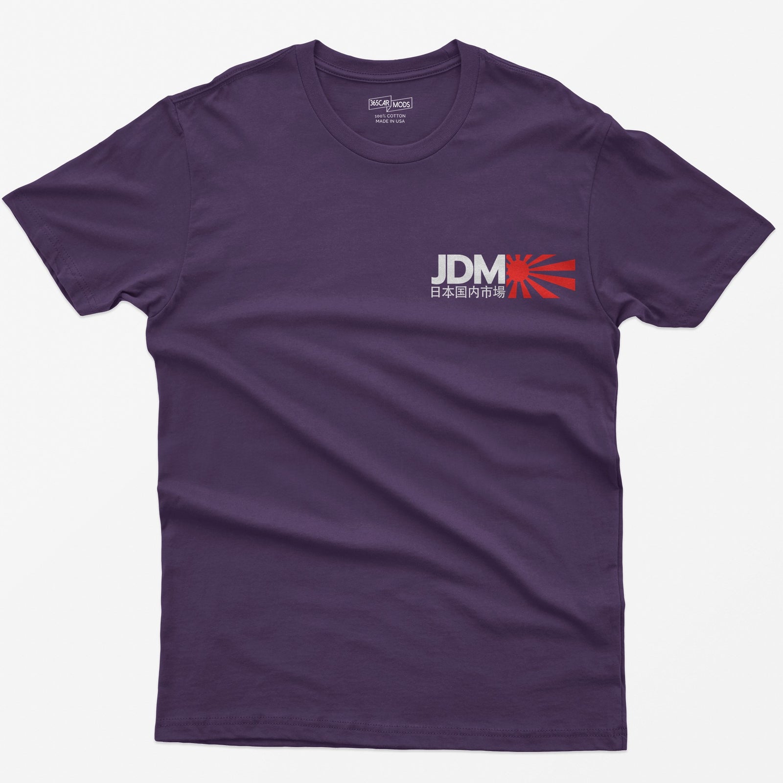 Purple t-shirt with bold white JDM letters, Japanese characters beneath and a red rising sun graphic